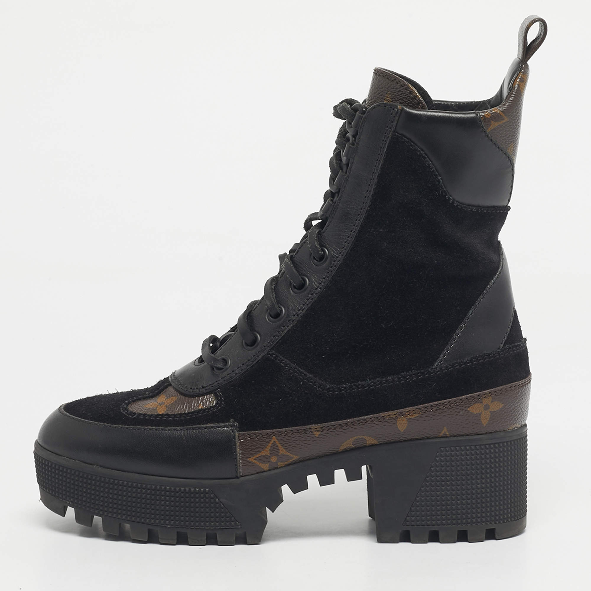 Pre Owned Louis Vuitton Black/Brown Monogram Canvas And Suede Laureate Platform Desert Ankle Boots Size 36