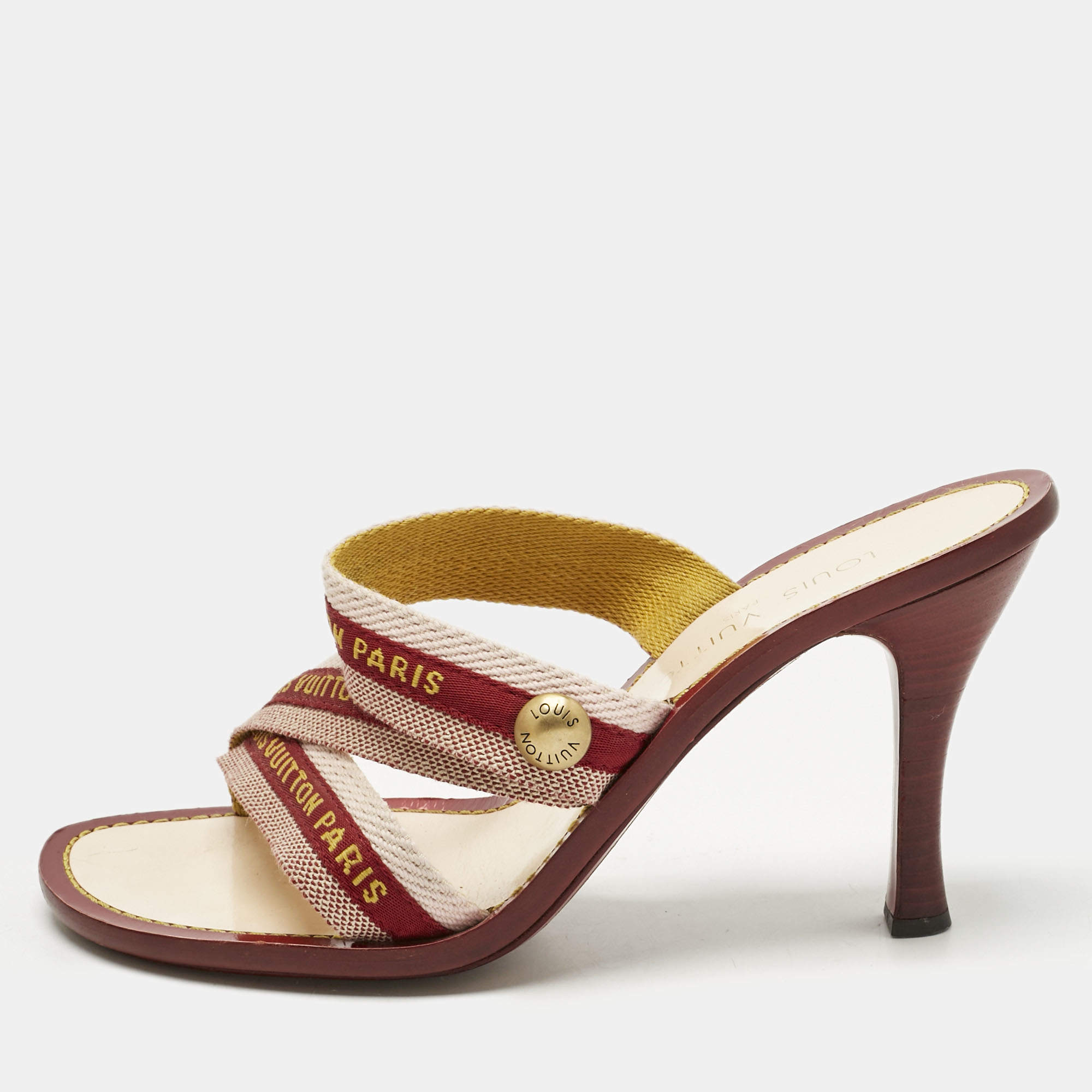 Pre Owned Louis Vuitton Red/Pink Canvas Slide Sandals Size 39