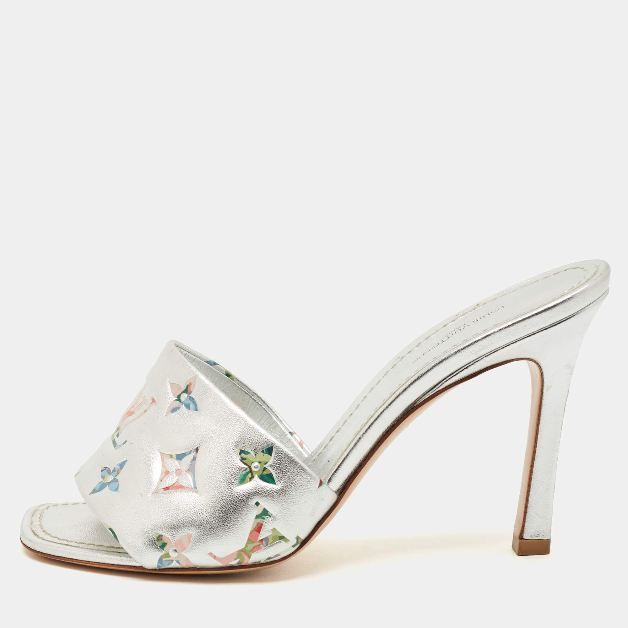 Pre Owned Louis Vuitton Silver Monogram Embossed Leather Revival Slide Sandals Size 37