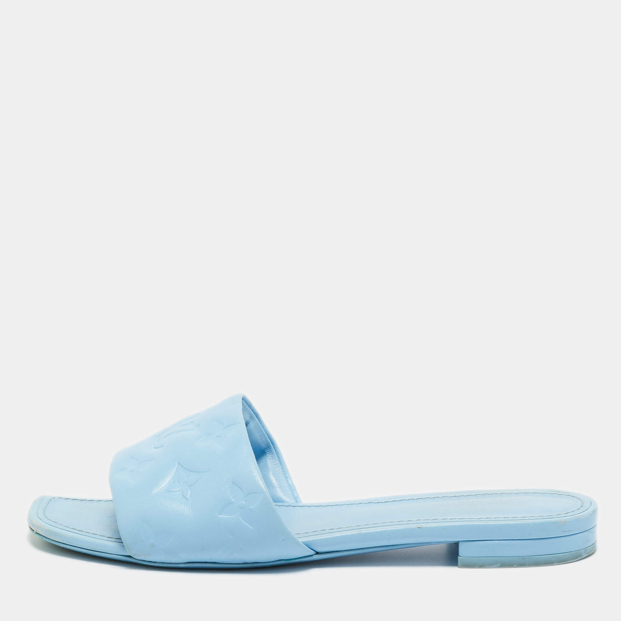 Pre Owned Louis Vuitton Blue Leather Revival Flat Slides Size 37