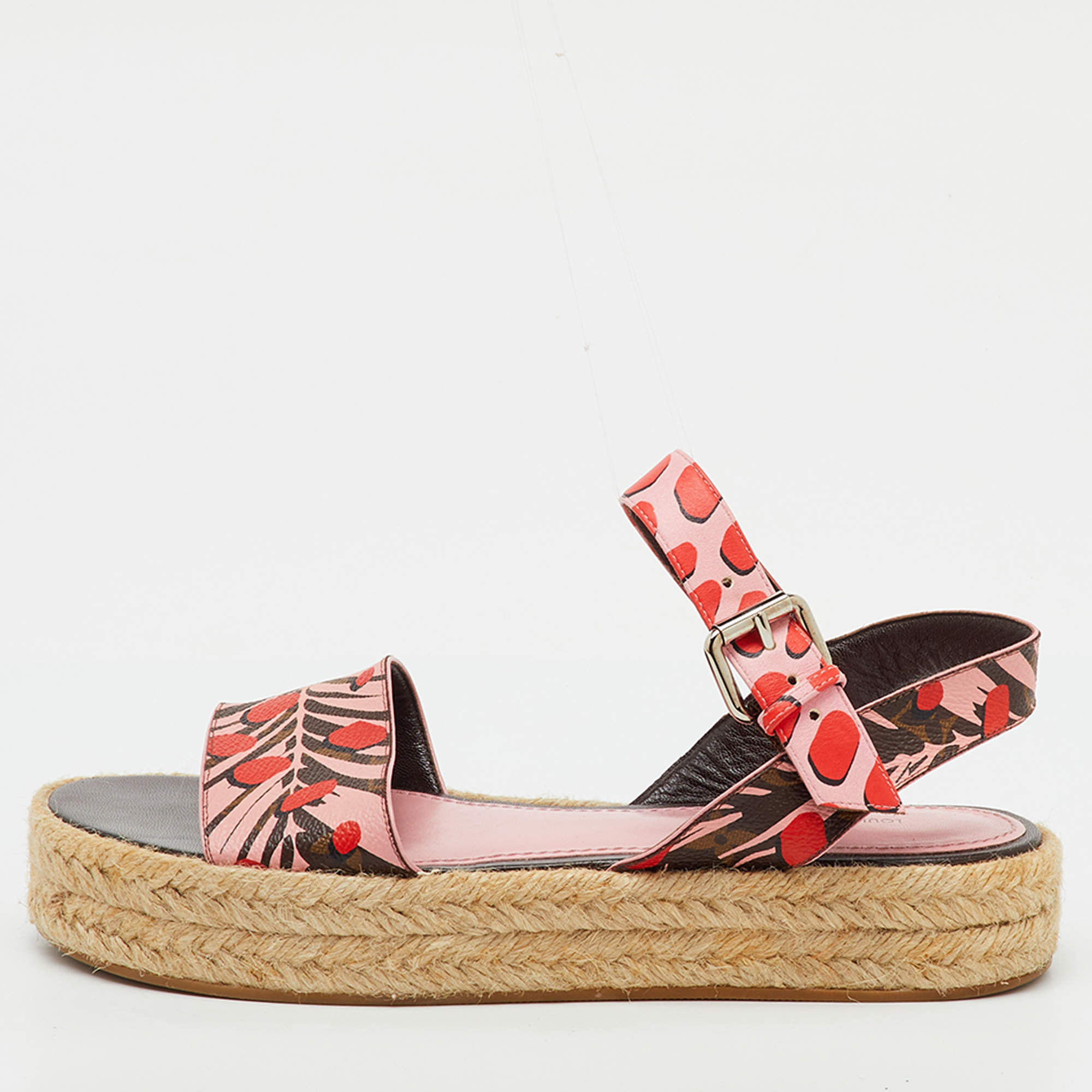 Pre Owned Louis Vuitton Pink Monogram Canvas Jungle Dots Hibiscus Espadrille Ankle Strap Sandals Size 38