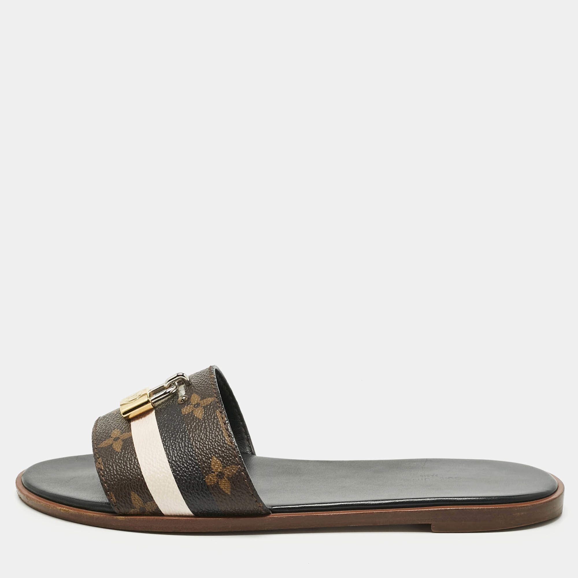 Pre Owned Louis Vuitton Brown Monogram Canvas Lock It Flat Slides Size 38.5
