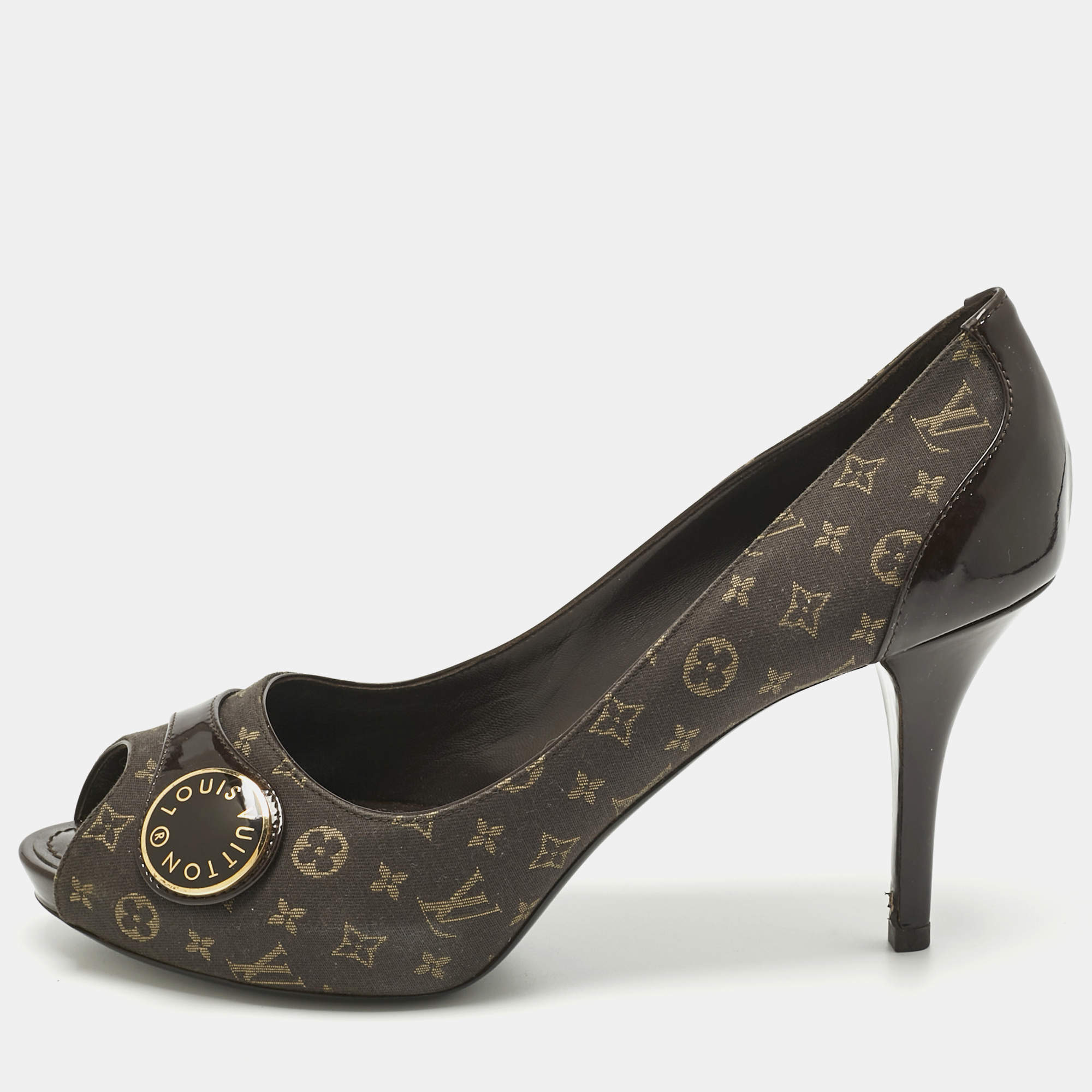 Pre Owned Louis Vuitton Dark Brown Monogram Canvas and Patent Leather Judy Peep-Toe Pumps Size 38.5
