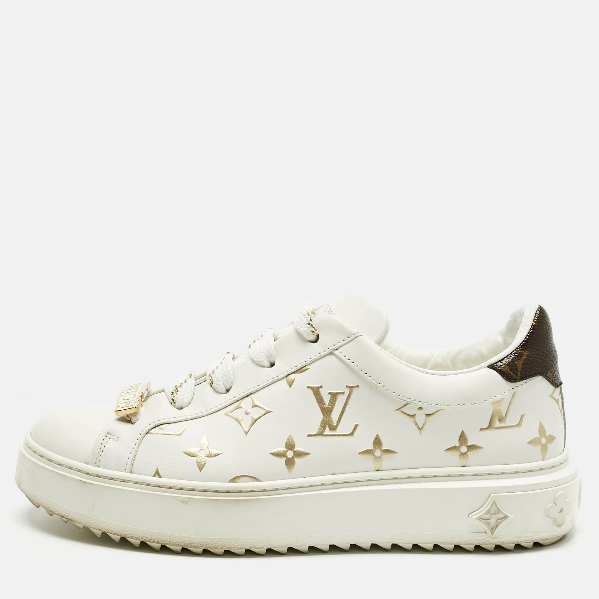Pre Owned Louis Vuitton White/Brown Monogram Canvas and Leather Time Out Sneakers Size 38