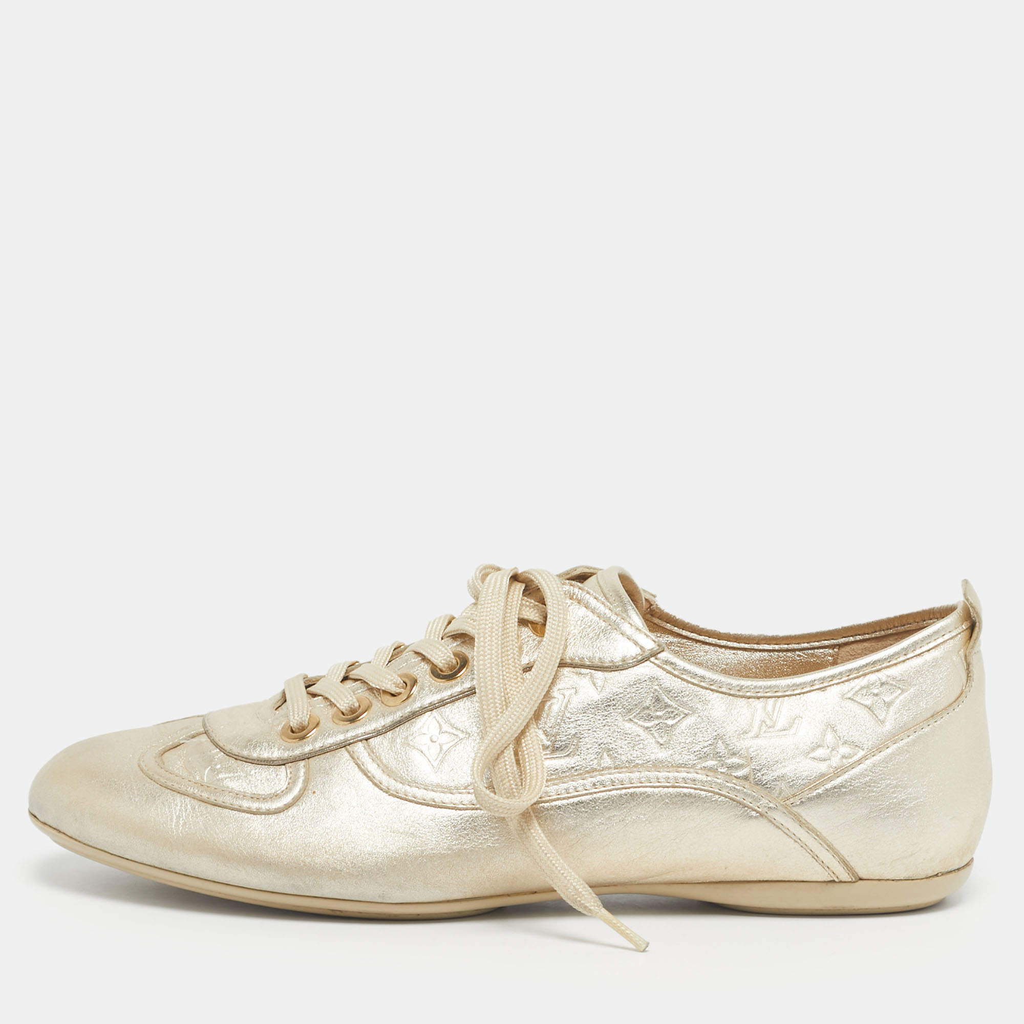 Pre Owned Louis Vuitton Gold Monogram Leather Trainers Lace Up Sneakers Size 38