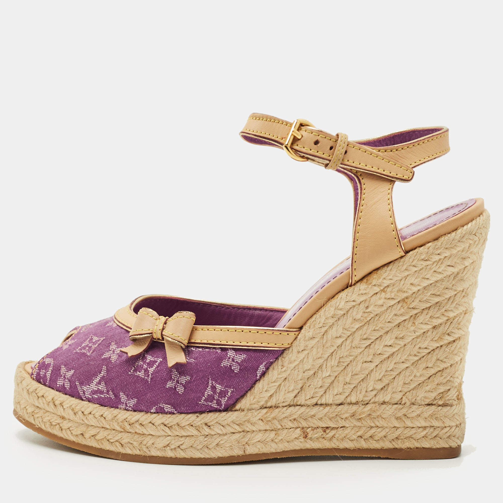 Pre Owned Louis Vuitton Purple Canvas Wedge Espadrille Sandals Size 37