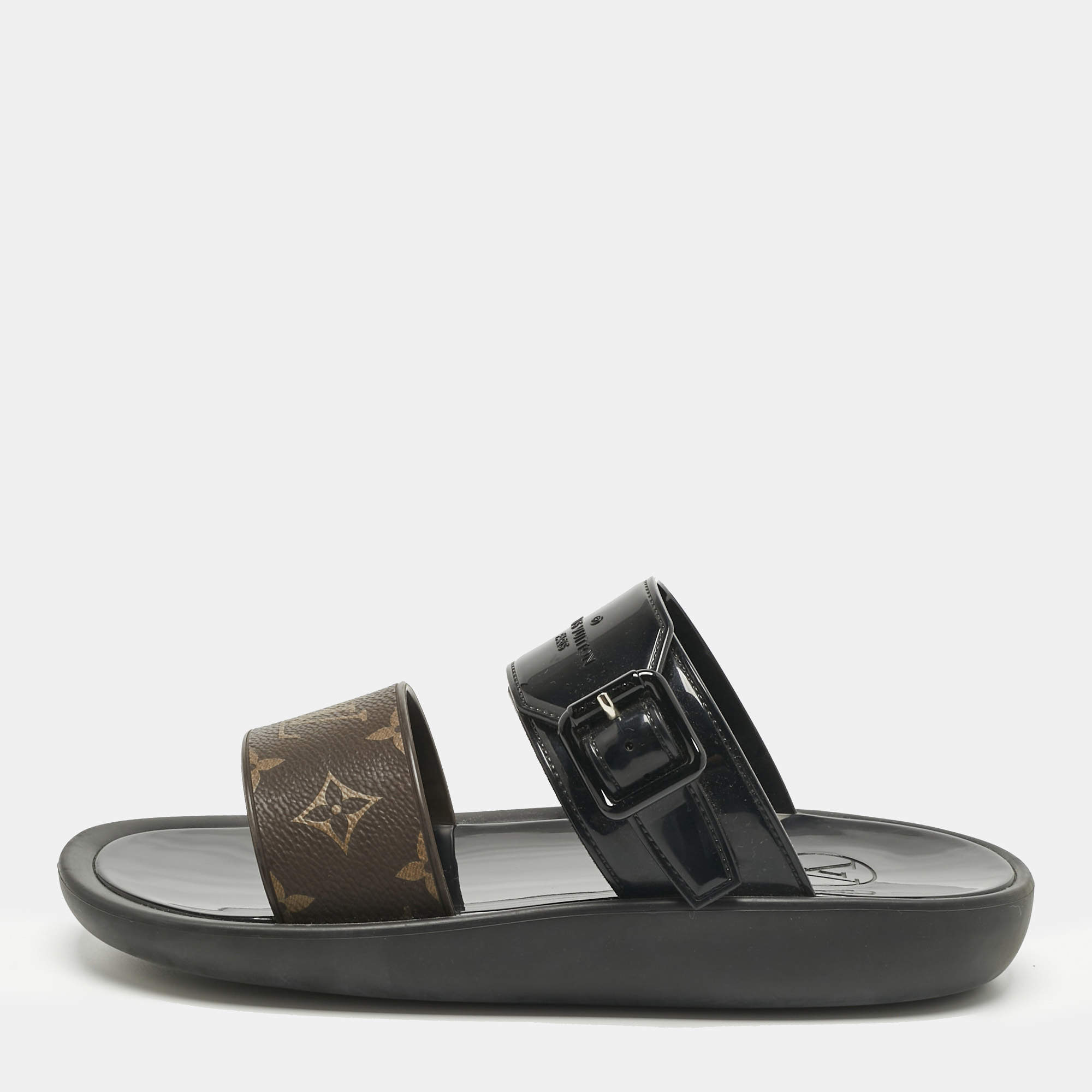 Pre Owned صندل فلات لوي فيتون صنباث مطاط أسود/بني مزين إبزيم  مقاس 38