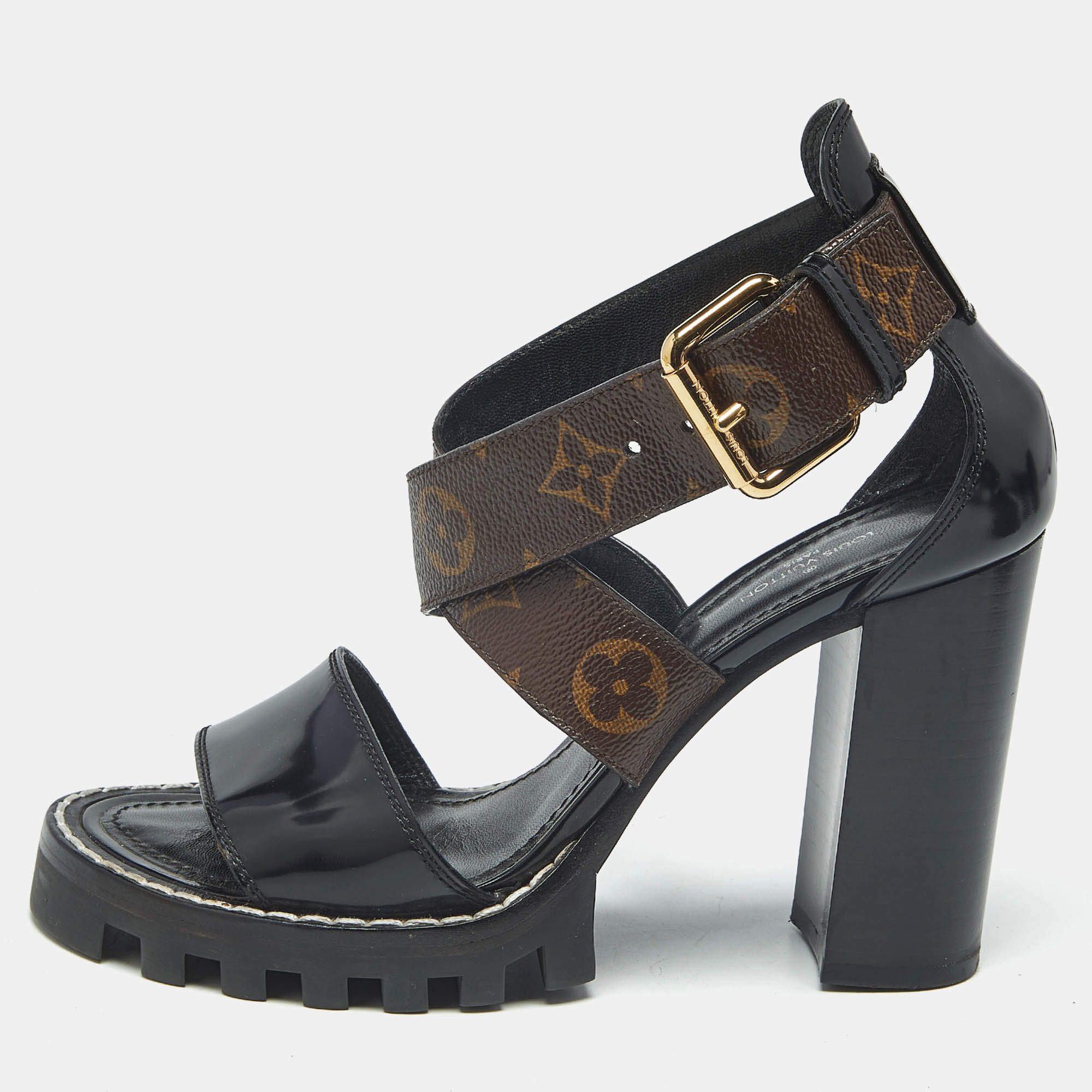 Pre Owned Louis Vuitton Brown/Black Monogram Canvas and Patent Cross Ankle Strap Sandals Size 36.5
