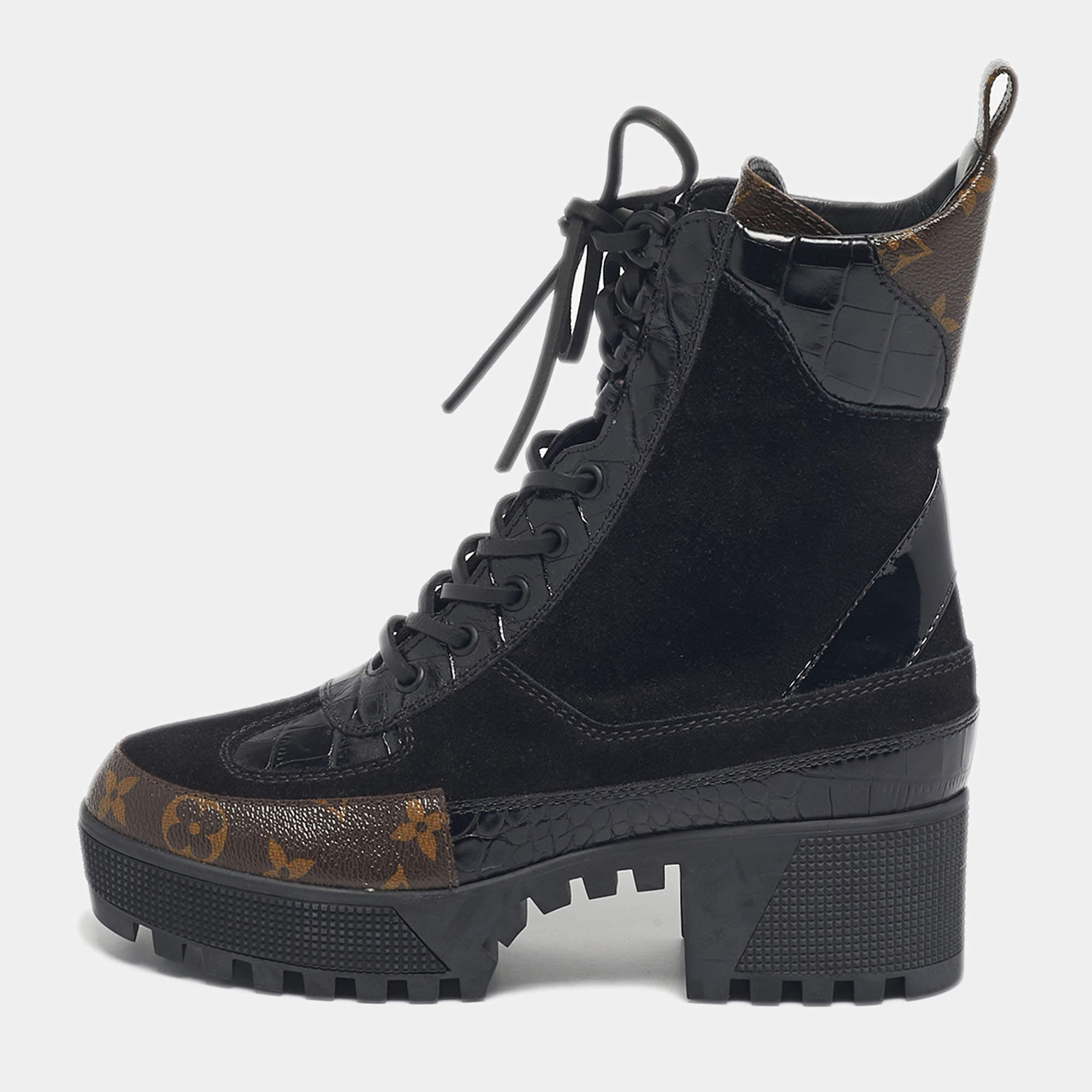 Pre Owned Louis Vuitton Two Tone Monogram Canvas and Leather Laureate Ankle Length Boots Size 36.5