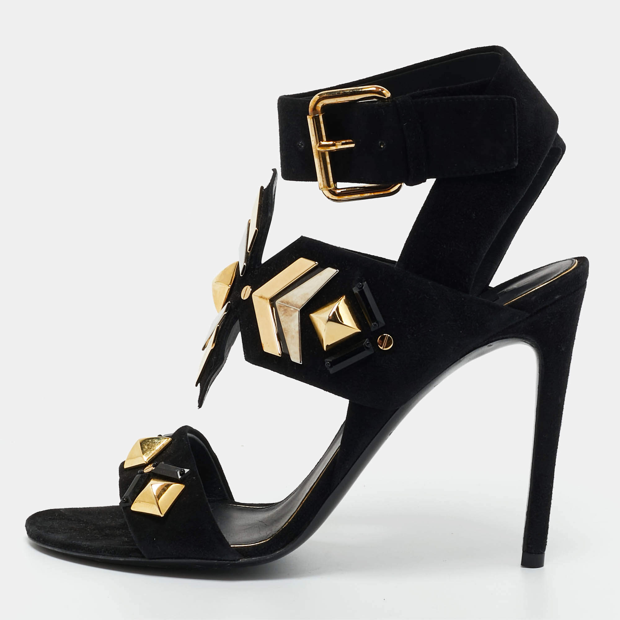 Pre Owned Louis Vuitton Black Suede Flower Embellished Ankle Strap Sandals Size 39.5