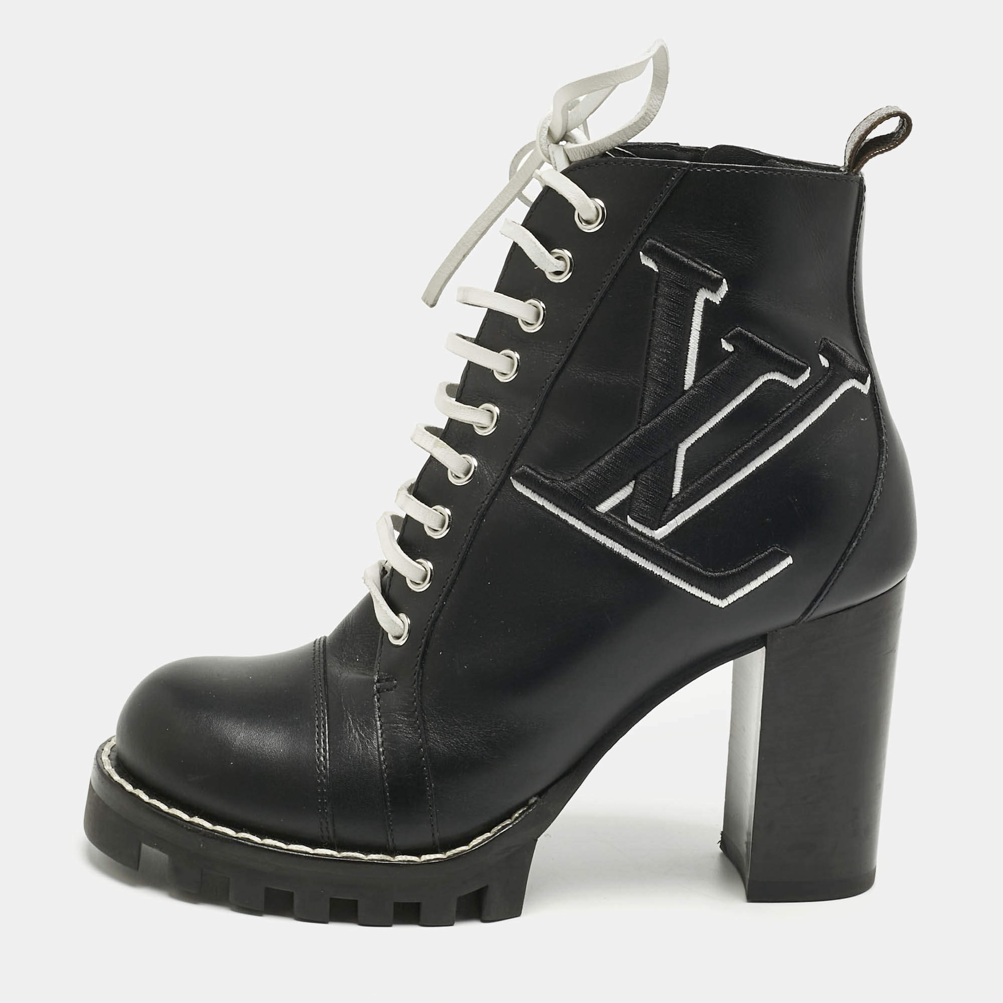 Pre Owned Louis Vuitton Black Leather Star Trail Ankle Boots Size 38.5