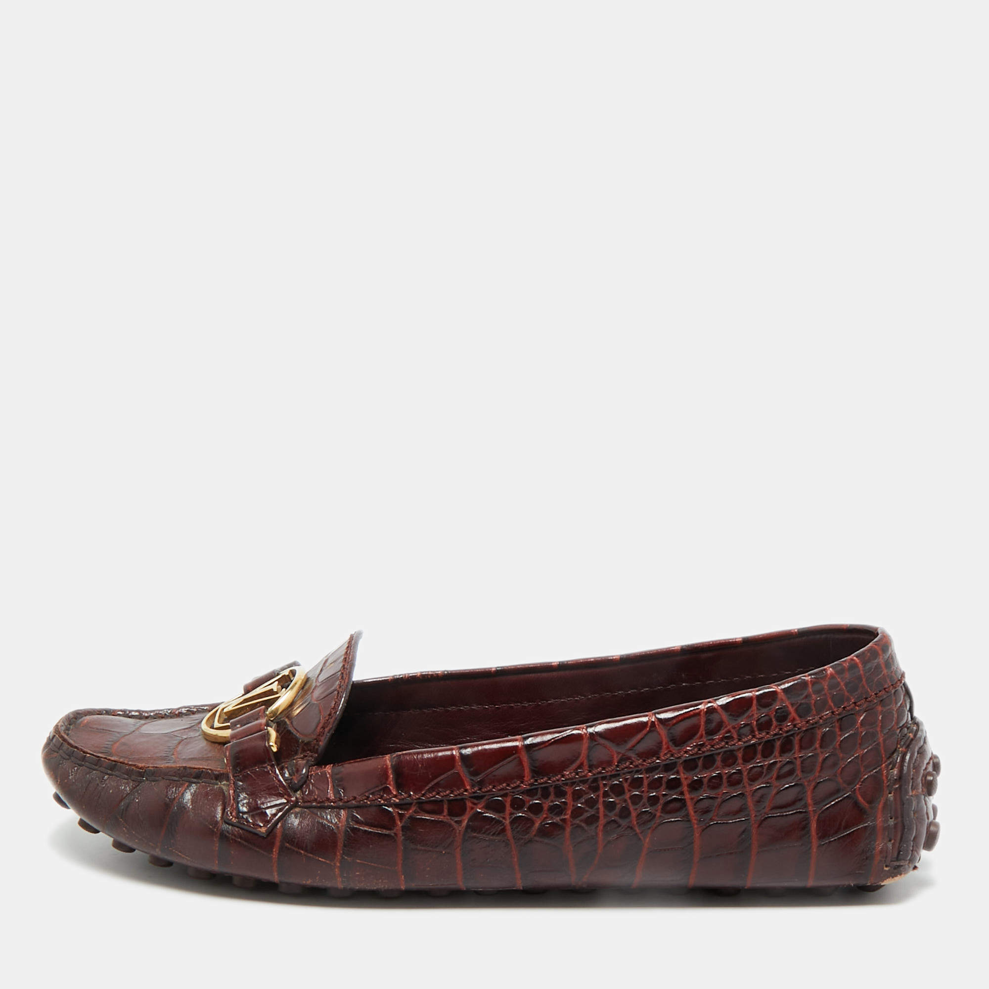 Pre Owned Louis Vuitton Burgundy Croc Embossed Leather Dauphine Loafers Size 38