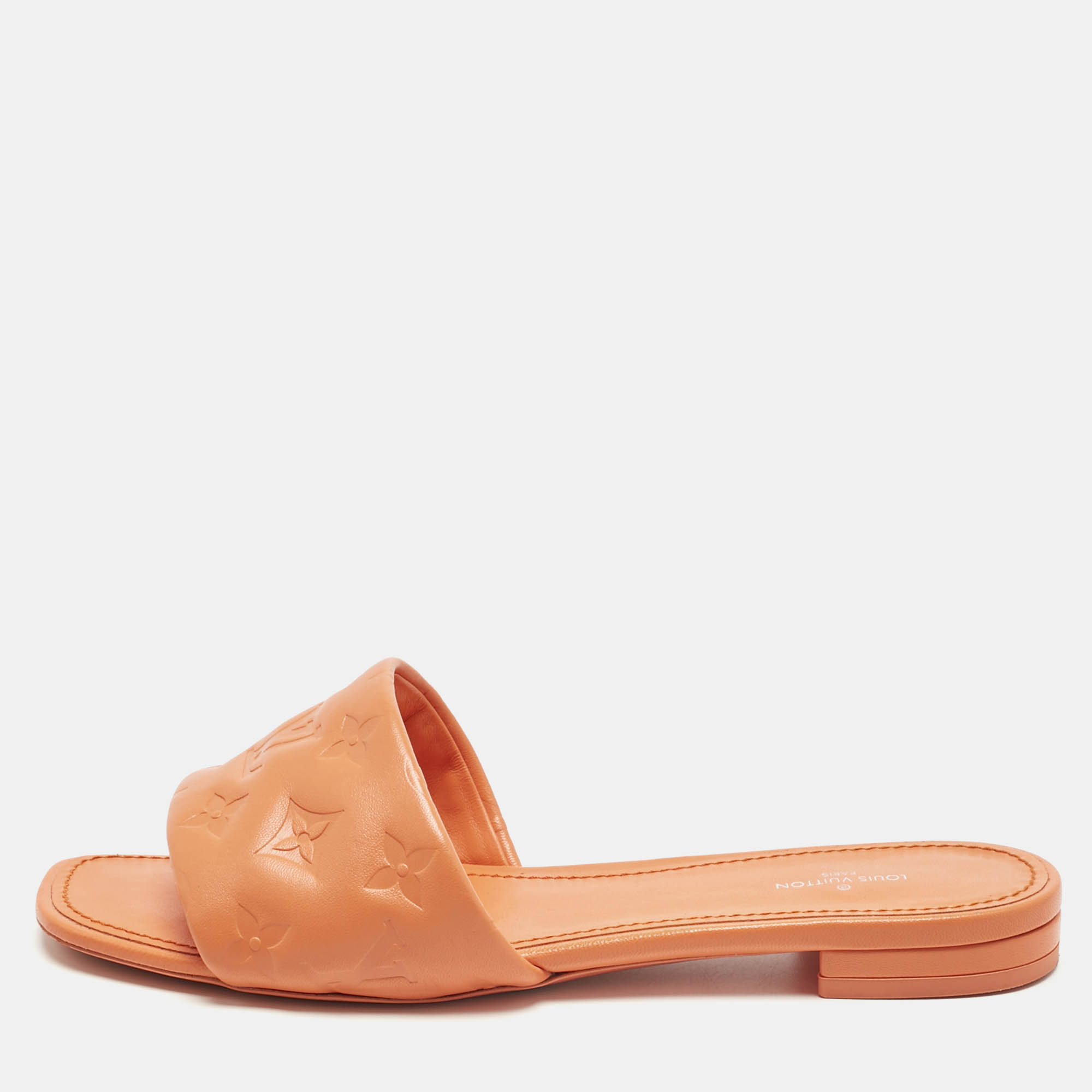 Pre Owned Louis Vuitton Orange  Monogram Embossed Leather Revival Flat Slides Size 39