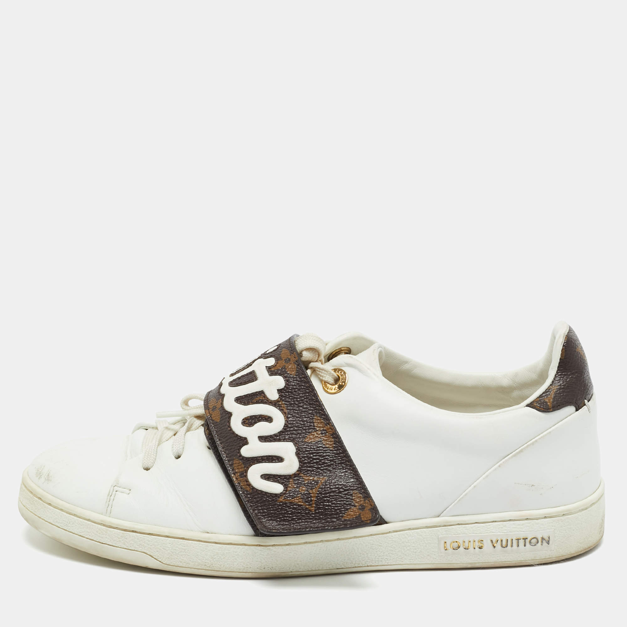Pre Owned Louis Vuitton White/Brown Monogram Canvas and Leather Frontrow Lace Up Sneakers Size 38.5