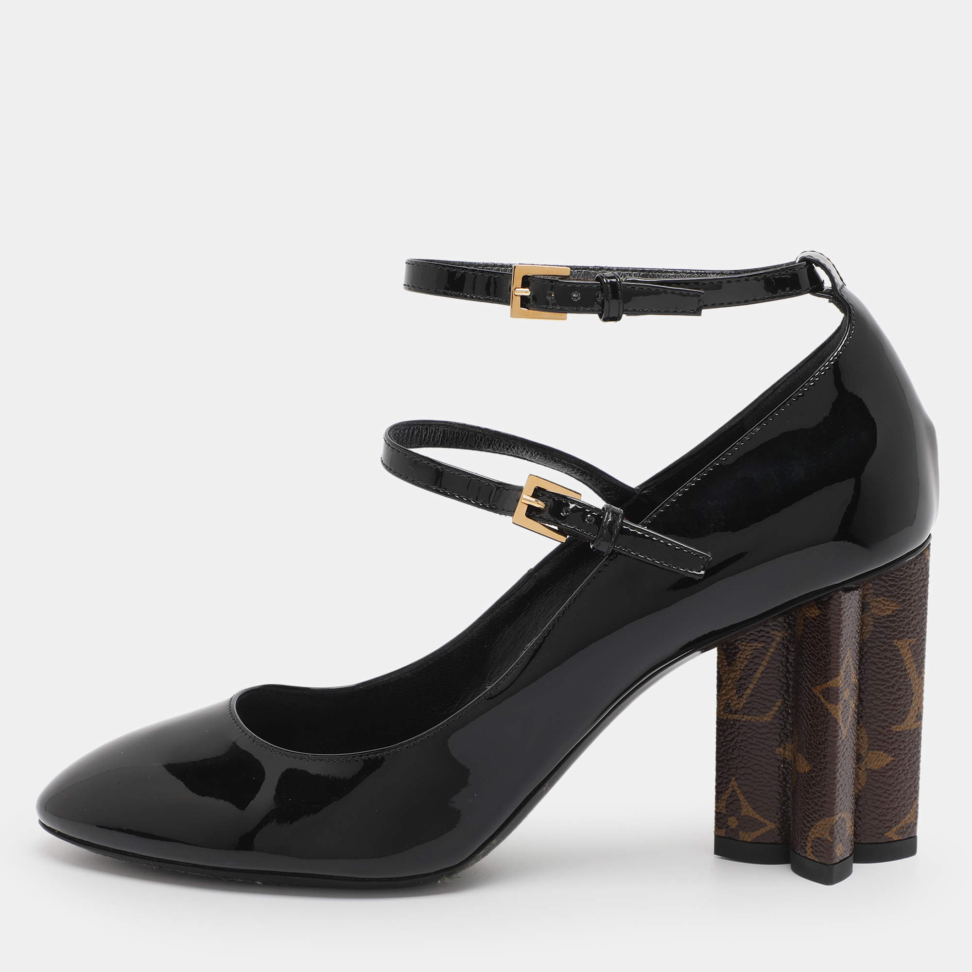 Pre Owned Louis Vuitton Black Patent and Canvas Peep Toe Pumps Size 39