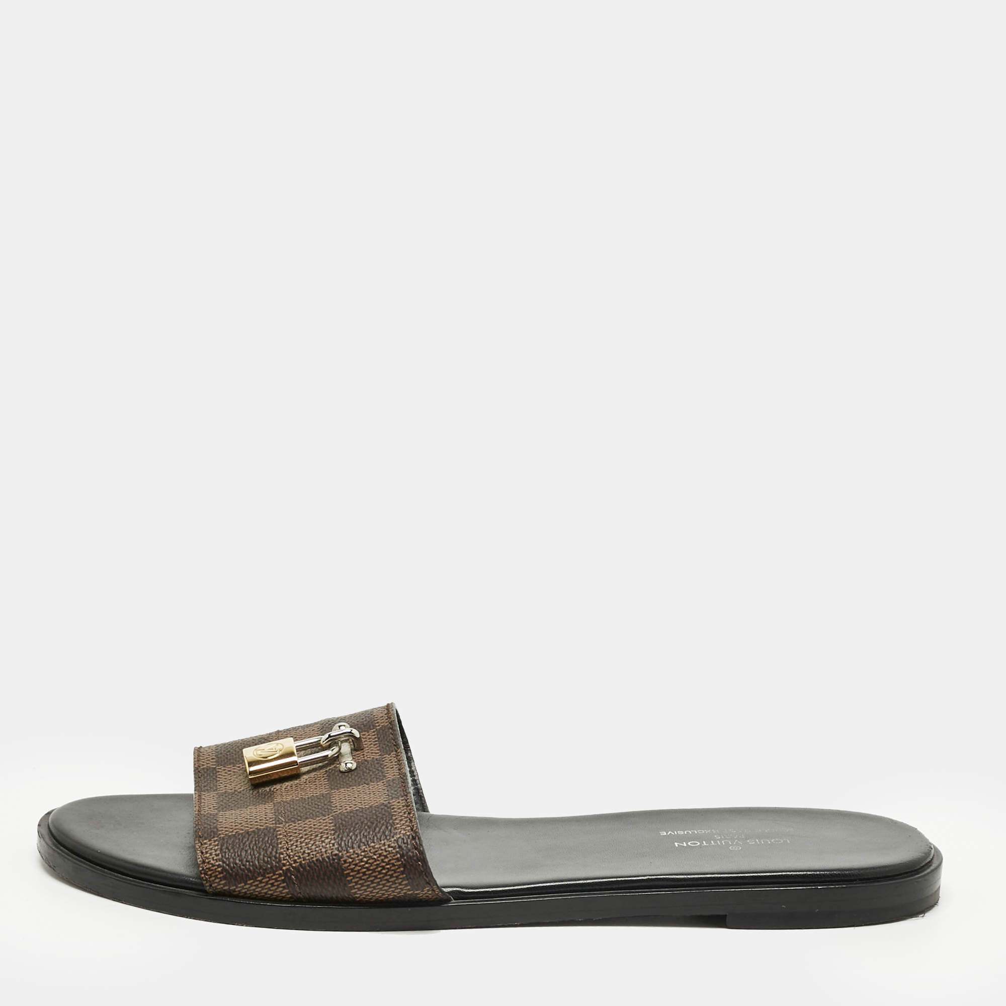 Pre Owned Louis Vuitton Brown Monogram Canvas Lock It Slides Sandals Size 39.5