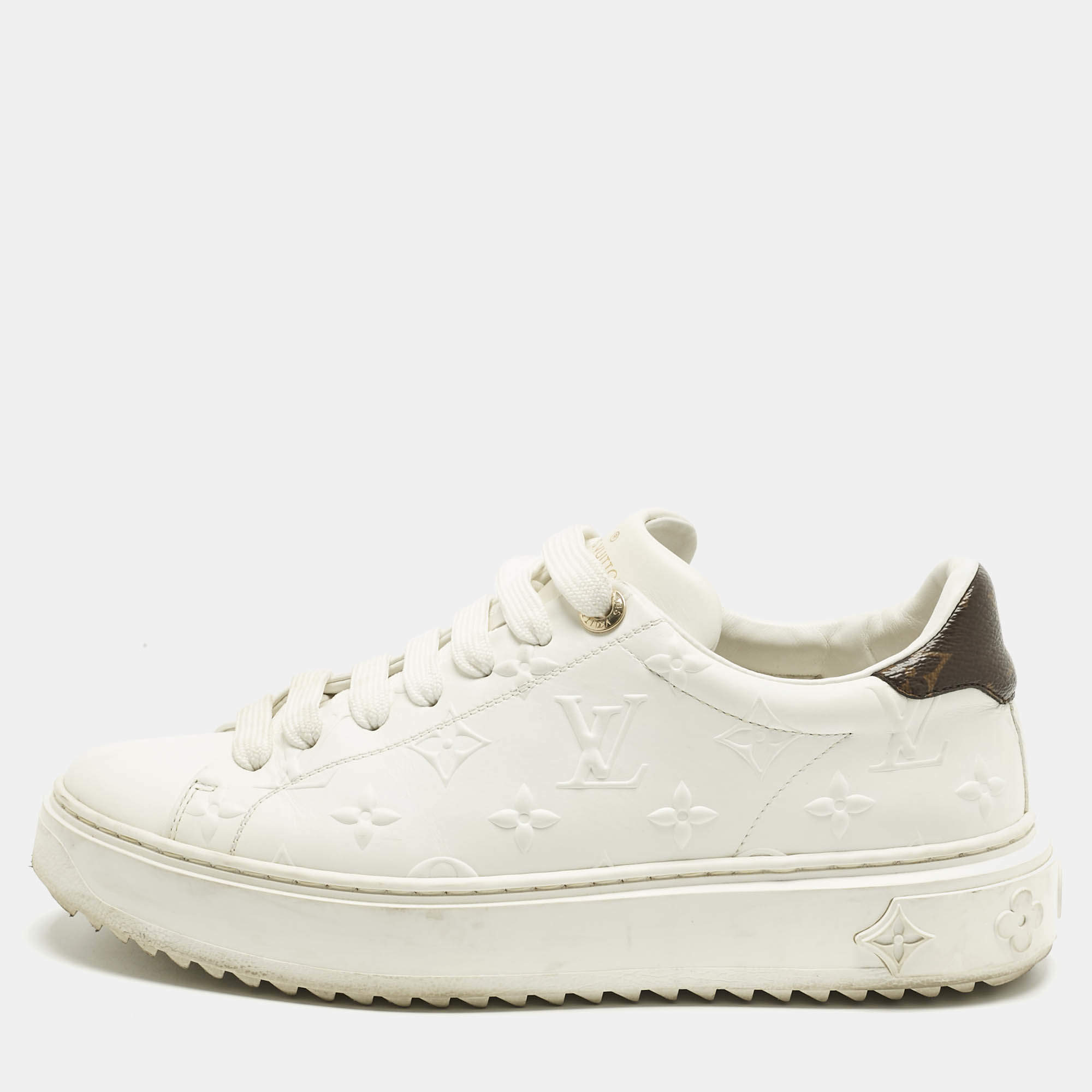 Pre Owned Louis Vuitton White Embossed Monogram Leather Time Out Low Top Sneakers Size 37.5