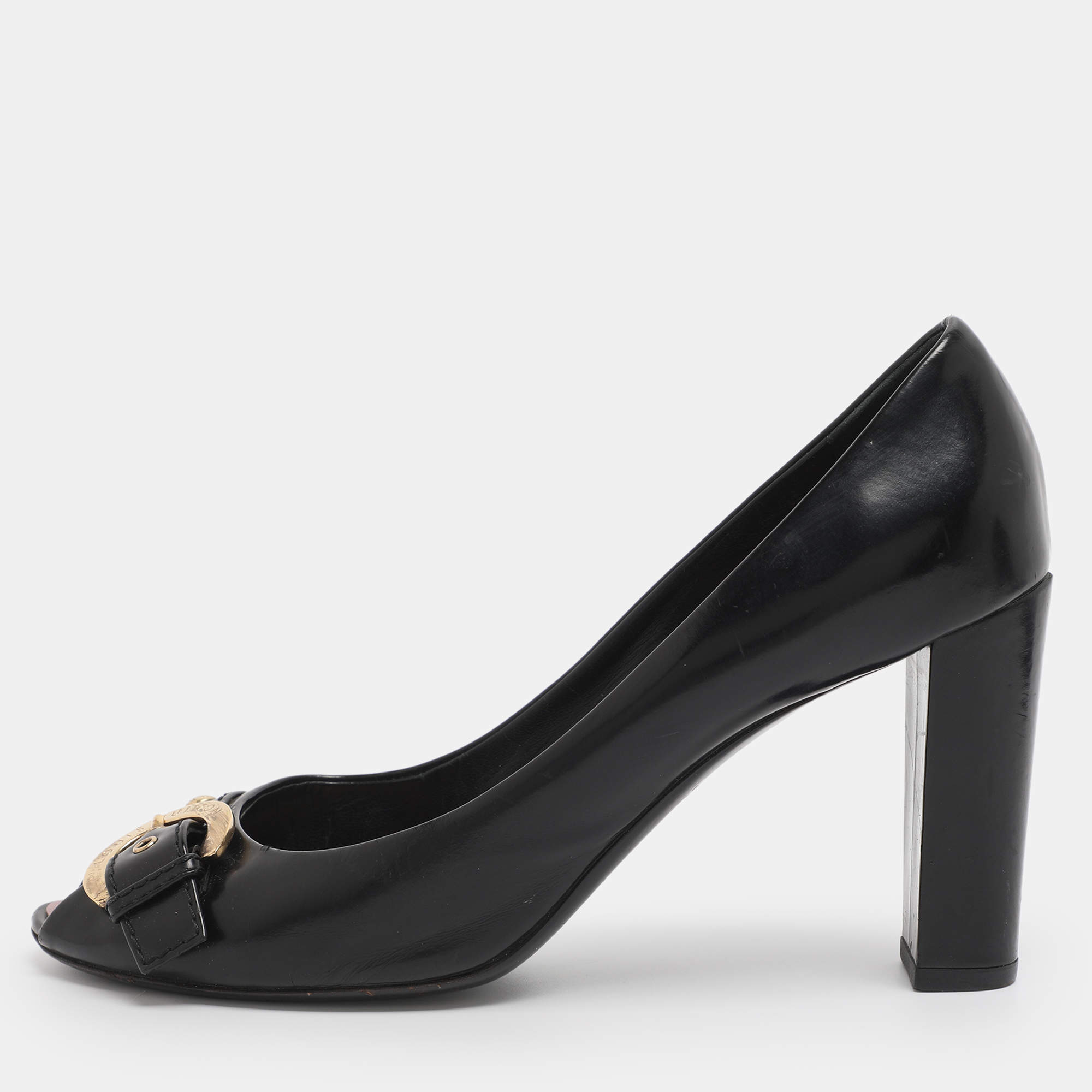 Pre Owned Louis Vuitton Black Patent Leather Buckle Peep Toe Pumps Size 38