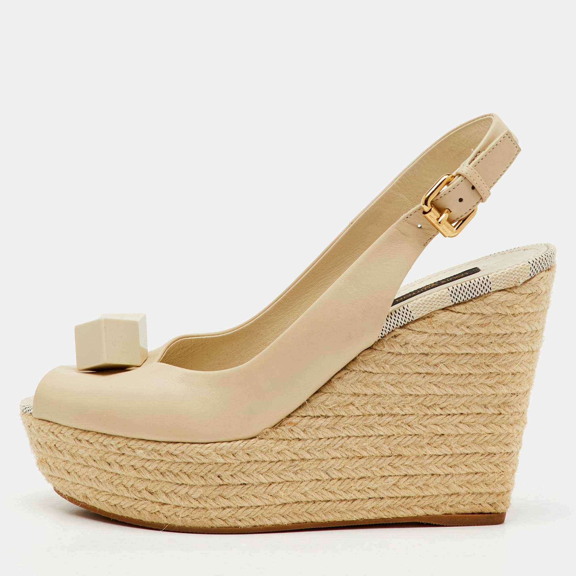 Pre Owned Louis Vuitton Cream Leather Gossip Cube Espadrille Wedge Slingback Pumps Size 38.5