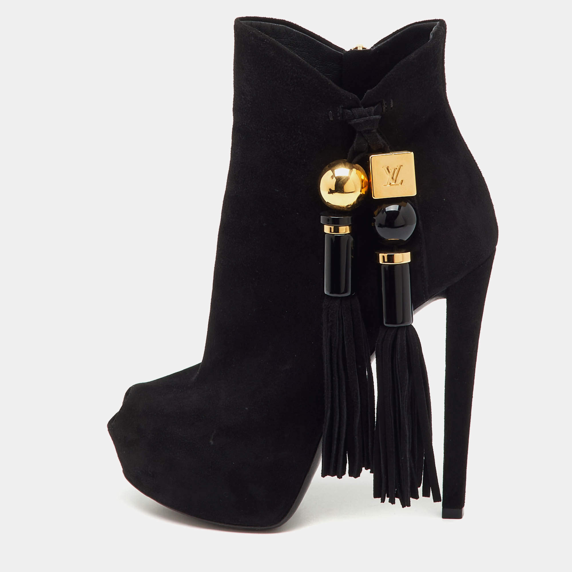 Pre Owned Louis Vuitton Black Suede Tassel Peep Toe Platform Ankle Booties Size 36