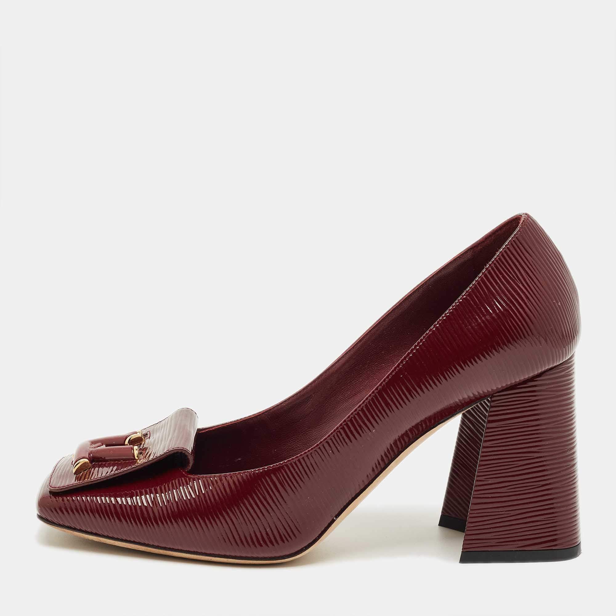Pre Owned Louis Vuitton Burgundy Leather Block Heel Pumps Size 38