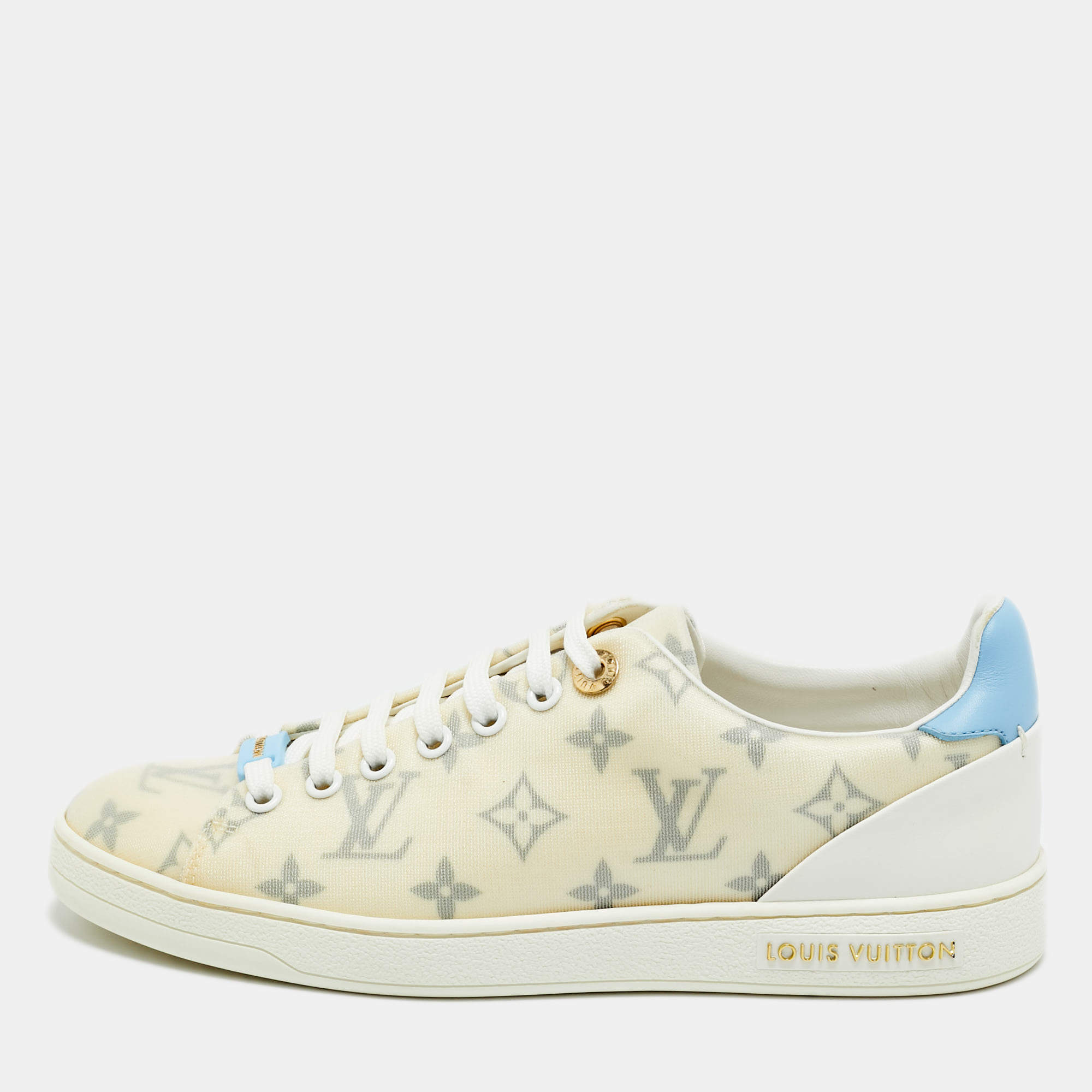 Pre Owned Louis Vuitton White/Blue Leather and Mesh Luxembourg Lace Up Sneakers Size 37