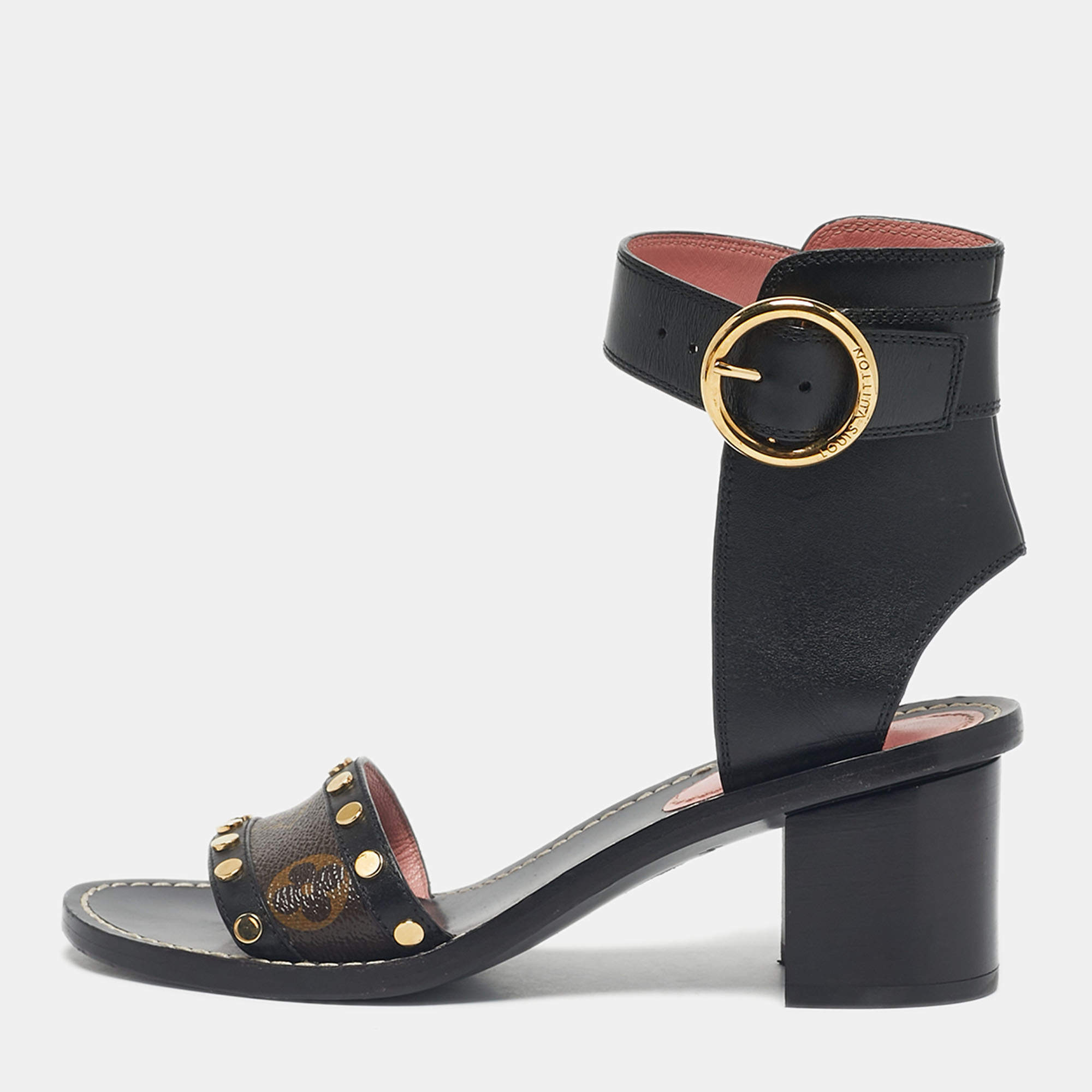 Pre Owned Louis Vuitton Black/Brown Monogram Canvas and Leather Passenger Ankle Strap Sandals Size 36