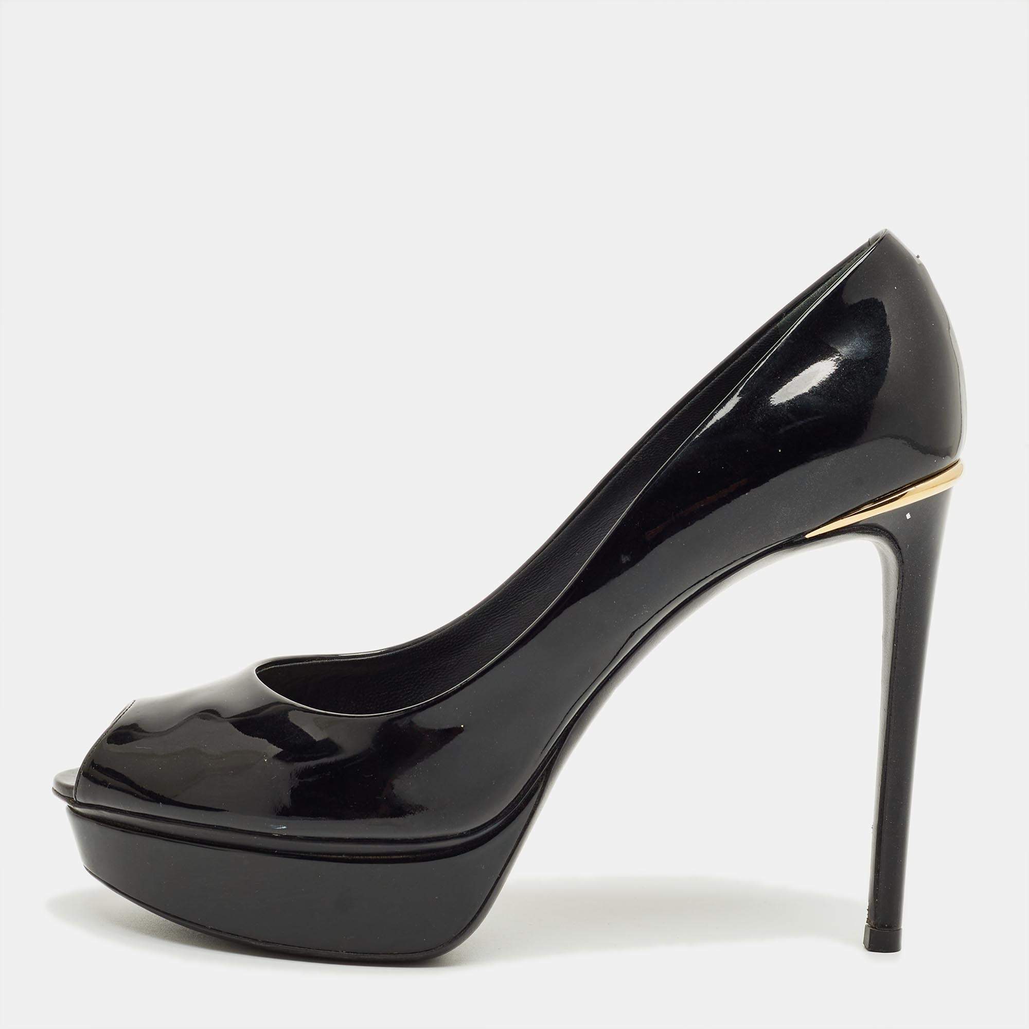 Pre Owned Louis Vuitton Black Patent Leather Eyeline Peep Toe Pumps Size 37.5