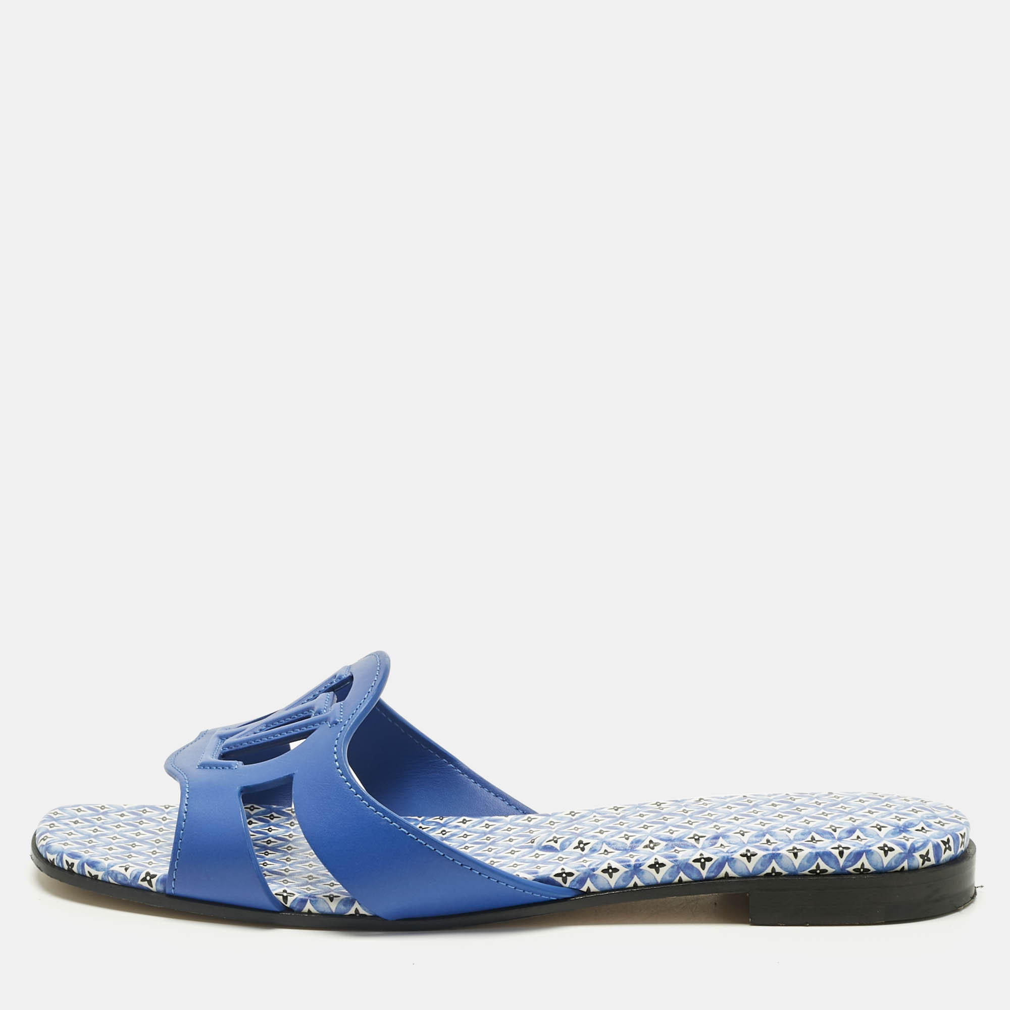Pre Owned Louis Vuitton Blue Leather LV Isola Flat Slides Size 39