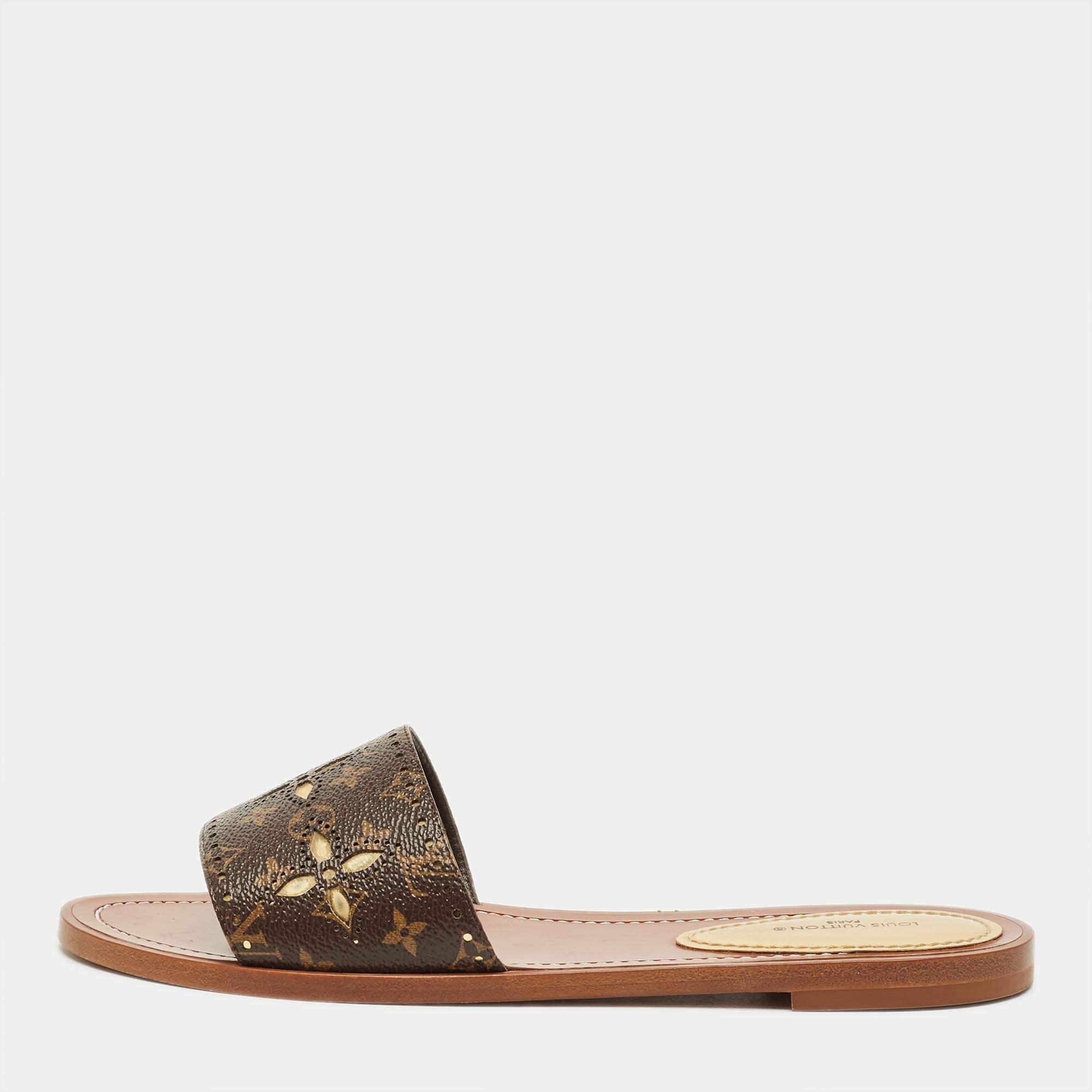 Pre Owned Louis Vuitton Monogram Canvas Lock It Flat Slides Size 38