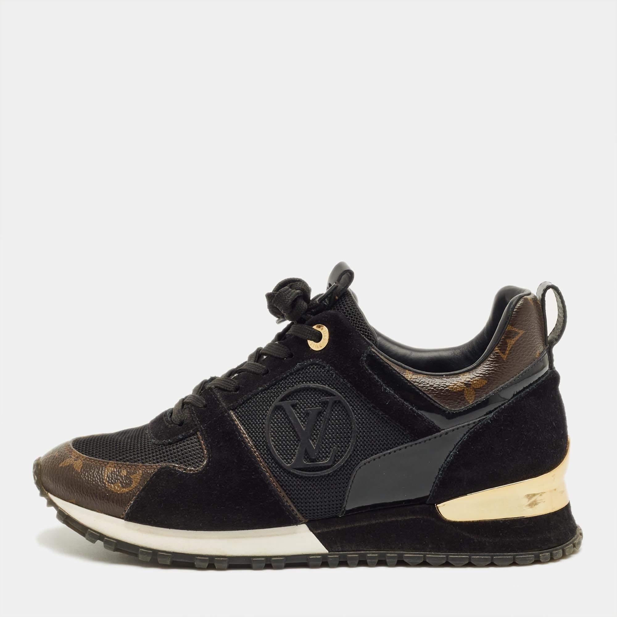 Pre Owned Louis Vuitton Black/Brown Monogram Canvas and Mesh Run Away Lace Up Sneakers Size 36.5
