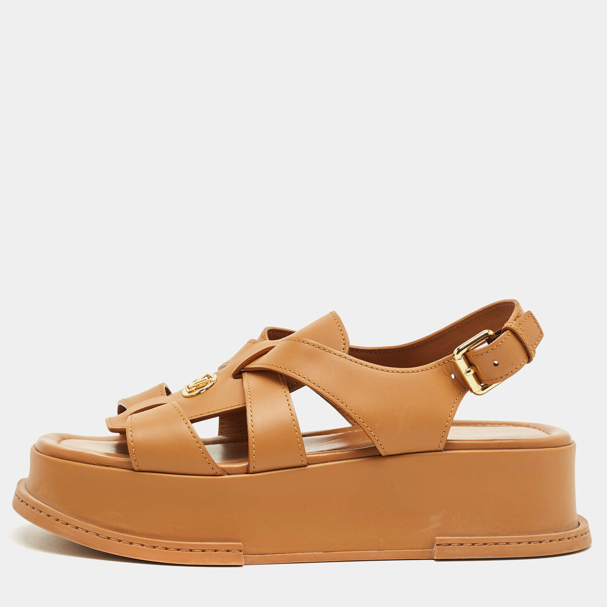 Pre Owned Louis Vuitton Tan Leather Maya Platform Sandals Size 39