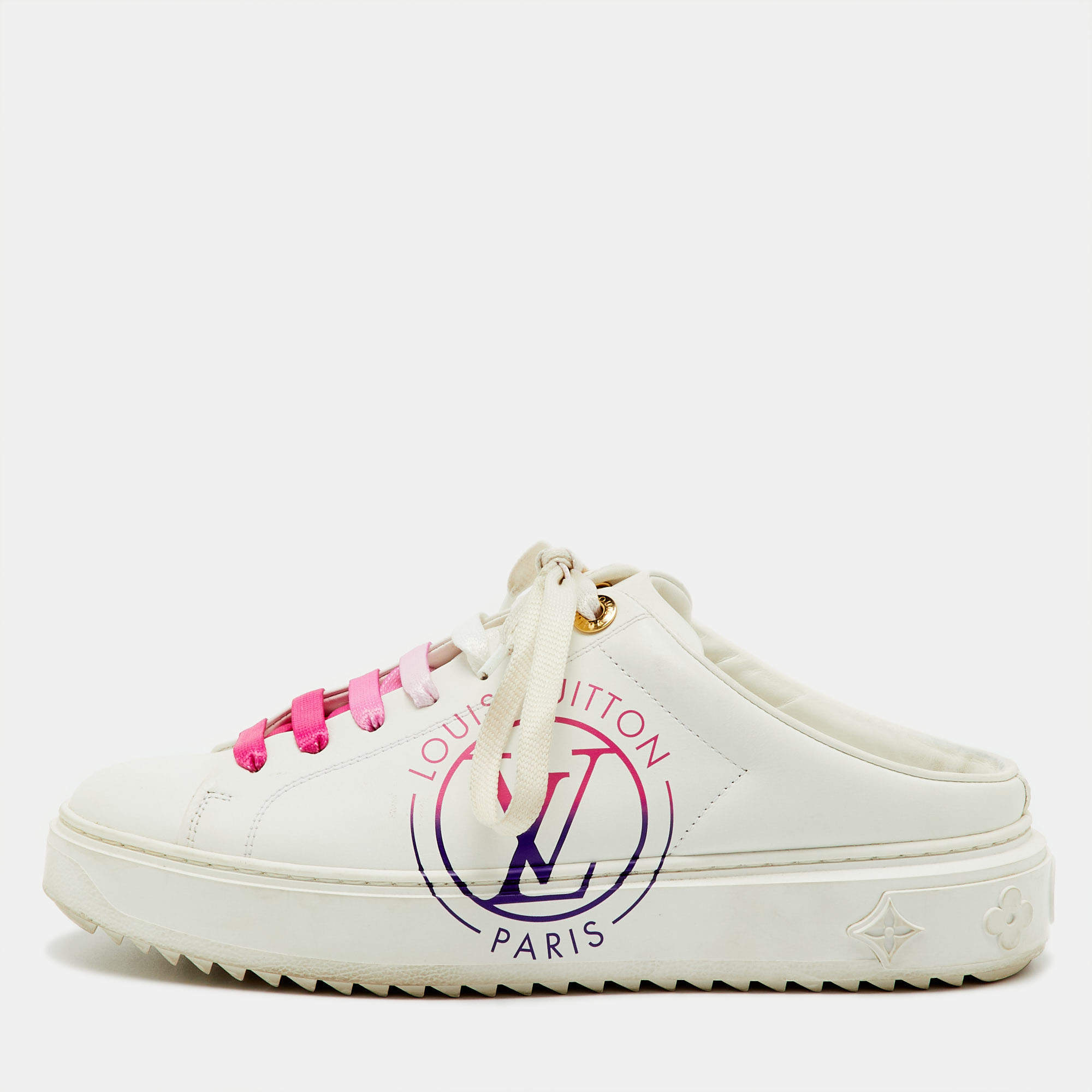 Pre Owned Louis Vuitton White Leather Lace Up Mule Sneakers Size 38