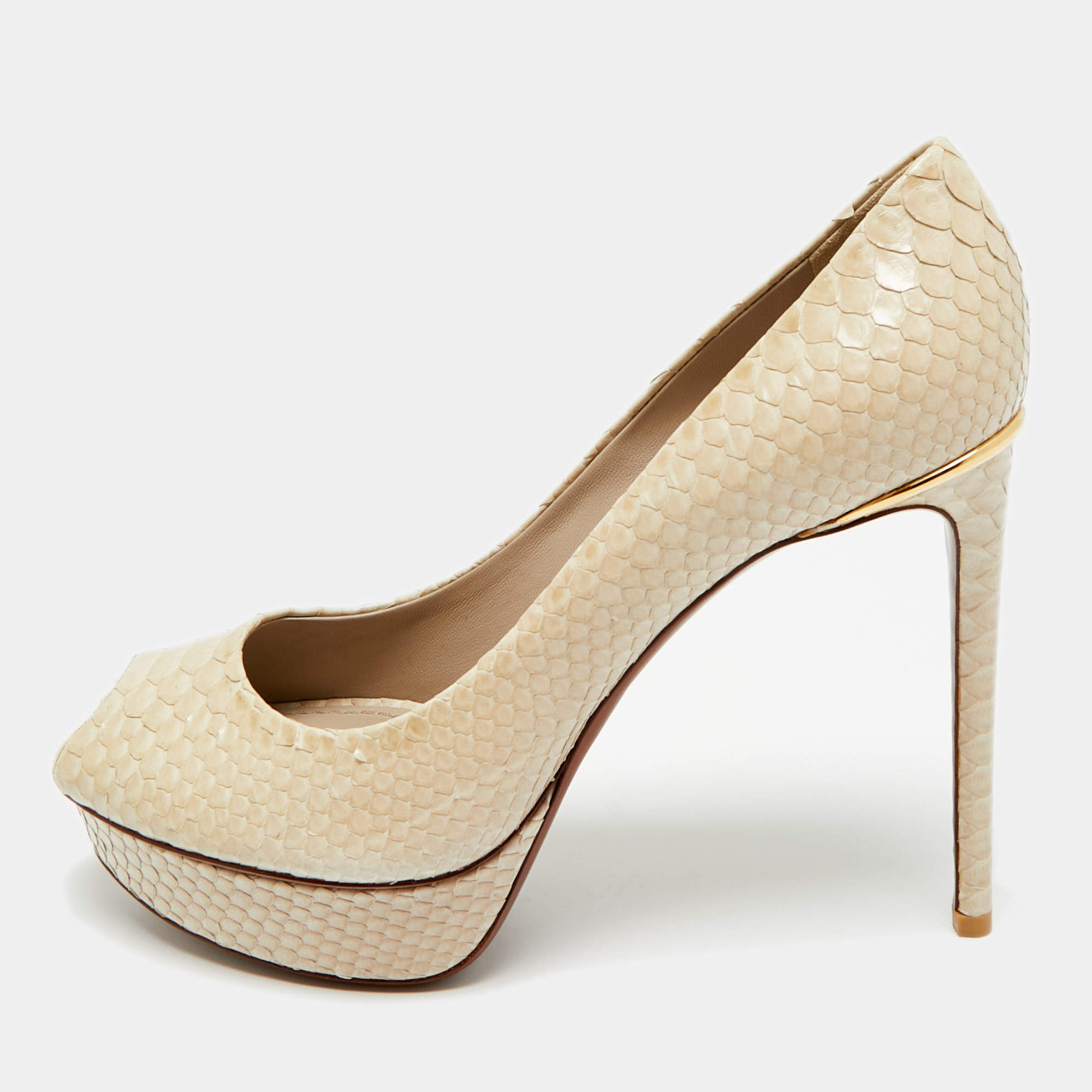 Pre Owned Louis Vuitton Cream Python Leather Miss Peep Toe Pumps Size 40