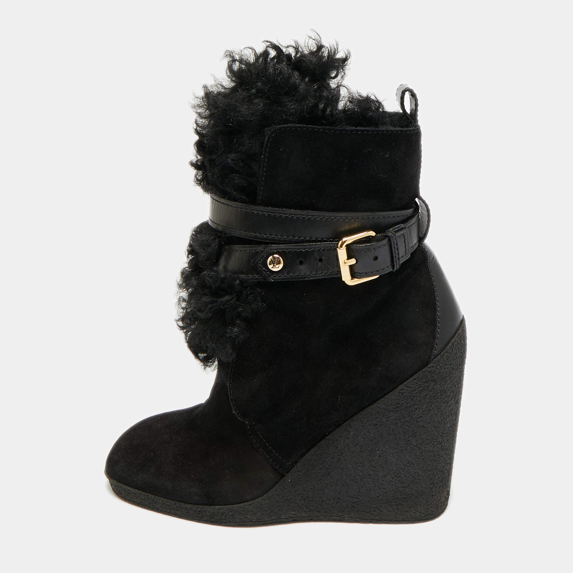 Pre Owned Louis Vuitton Black Fur and Suede Teddy Wedge Ankle Boots Size 37
