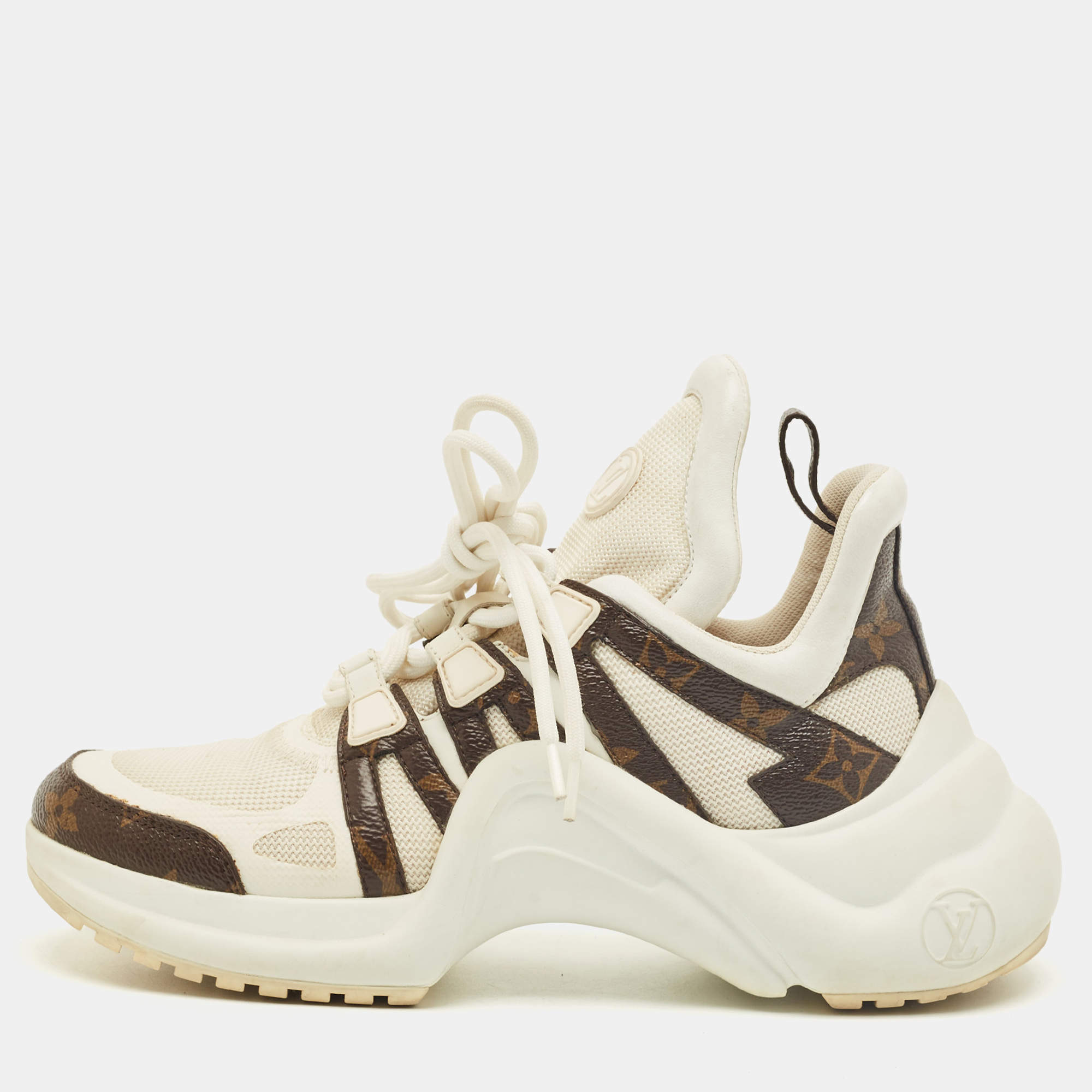 Pre Owned Louis Vuitton White/Brown Mesh and Monogram Canvas Archlight Sneakers Size 36.5