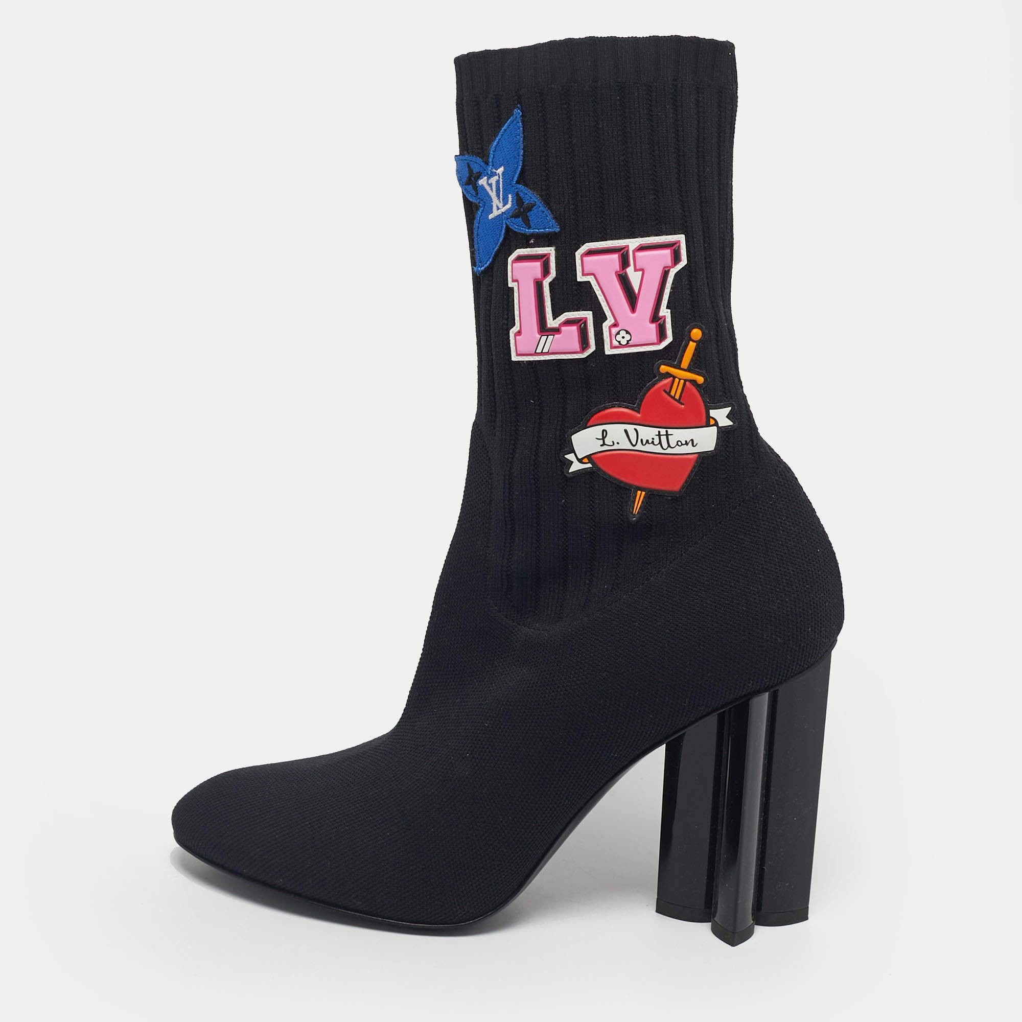 Pre Owned Louis Vuitton Black Knit Fabric LV Black Heart Sock Ankle Boots Size 39
