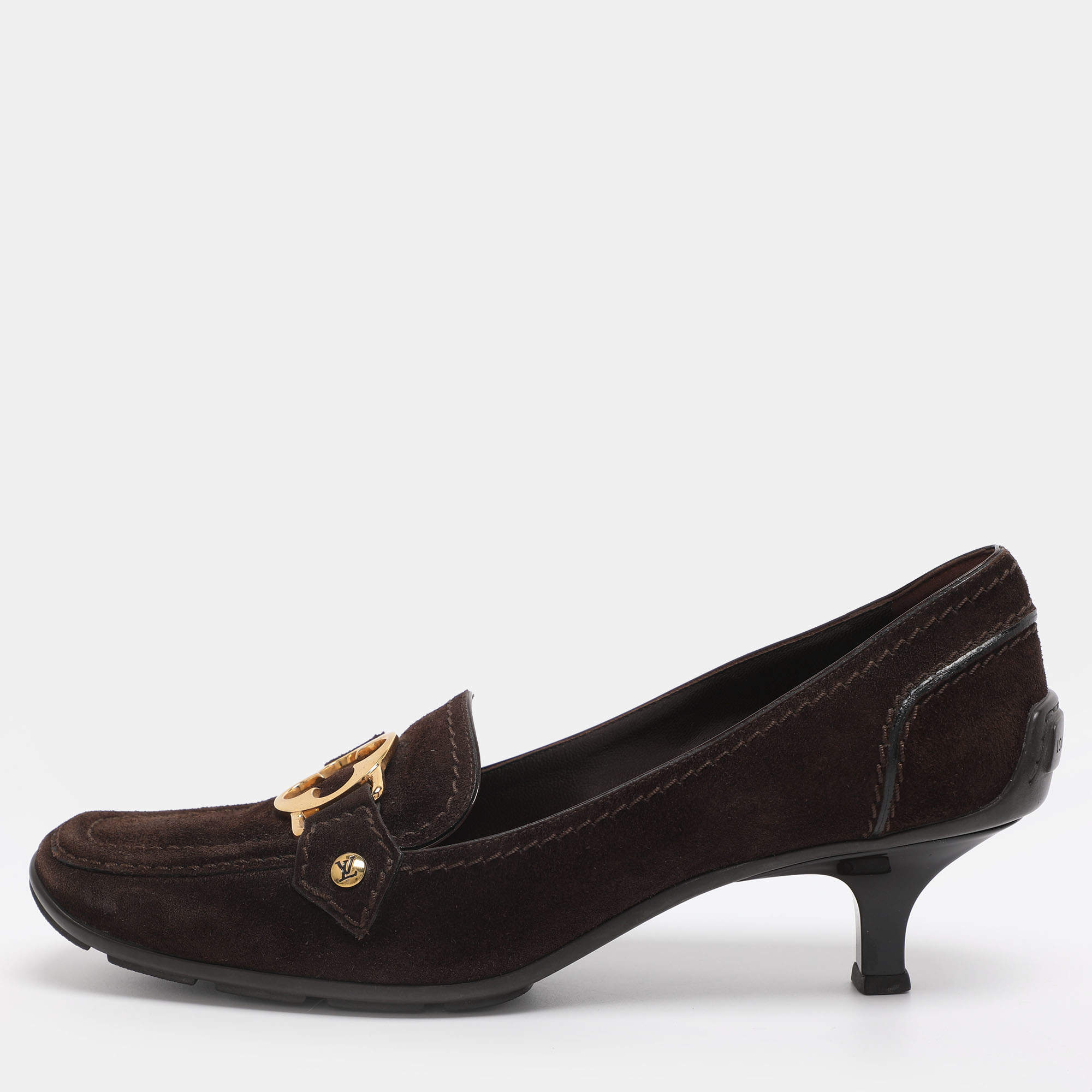 Pre Owned Louis Vuitton Brown Suede Leather Loafer Pumps Size 39
