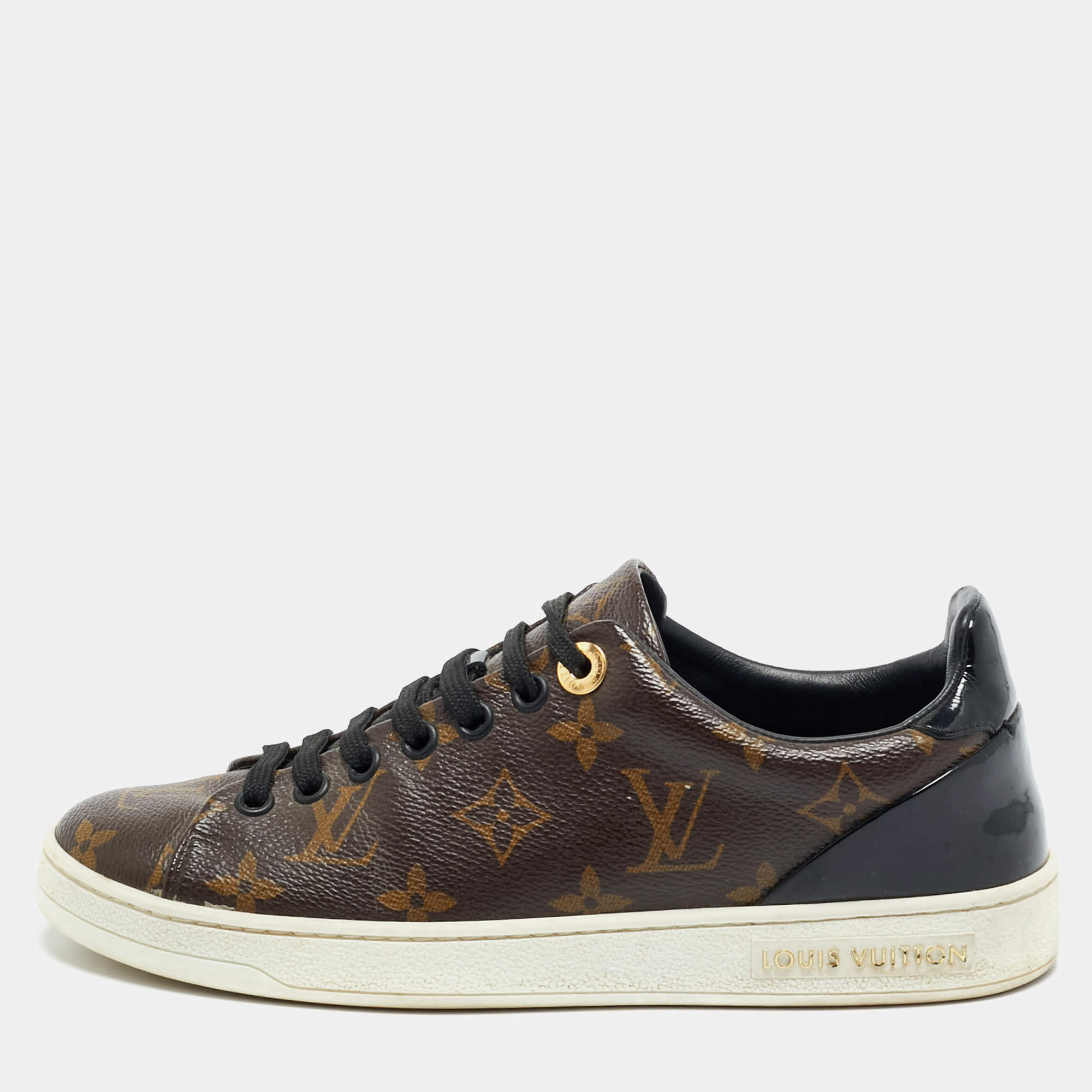Pre Owned Louis Vuitton Frontrow Size 35 Brown Coated Canvas and Patent Leather Low Top Sneakers