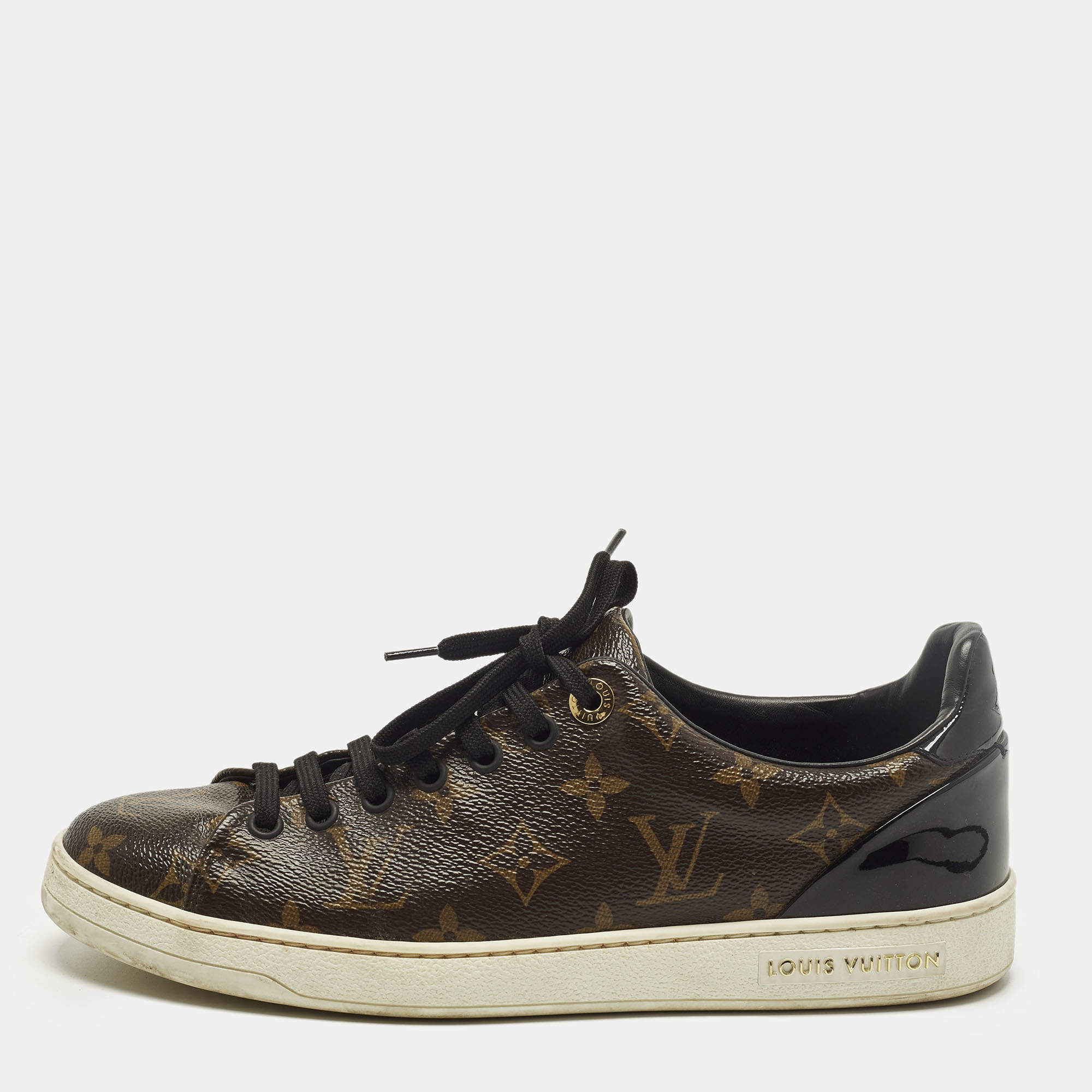 Pre Owned Louis Vuitton Frontrow Size 39 Brown Monogram Coated Canvas and Patent Low Top Sneakers