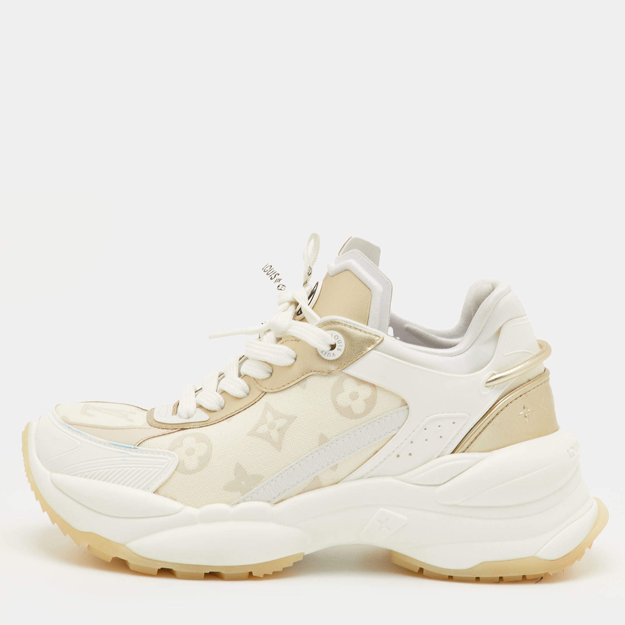 Pre Owned Louis Vuitton Run 55 Size 36 White/Gold Canvas, Rubber and Leather Trainers Sneakers