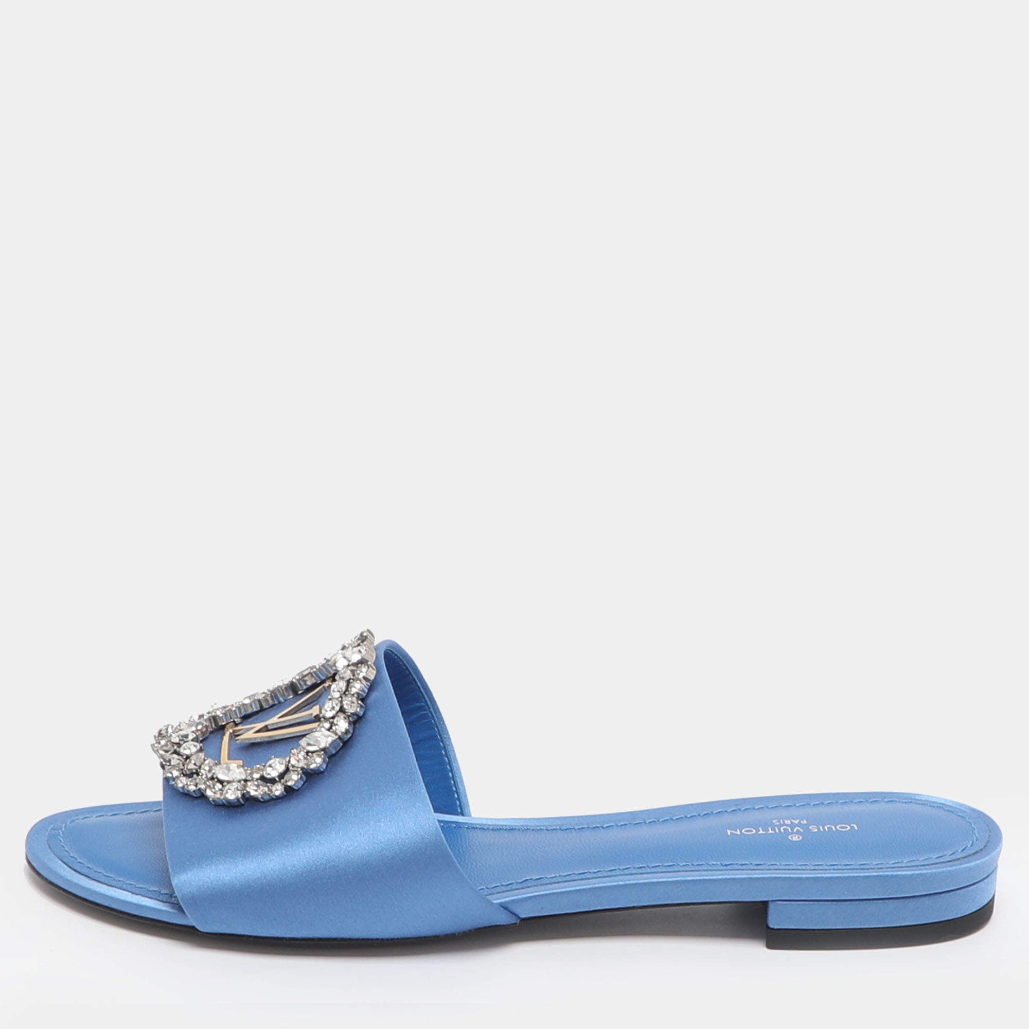 Pre Owned Louis Vuitton Madeleine Size 37 Blue Satin Flat Slides