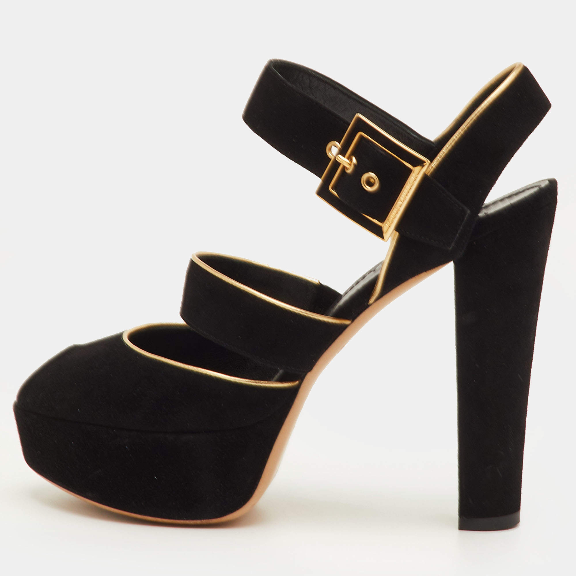 Pre Owned Louis Vuitton Mowani Size 39.5 Black Suede Peep Toe Platform Sandals