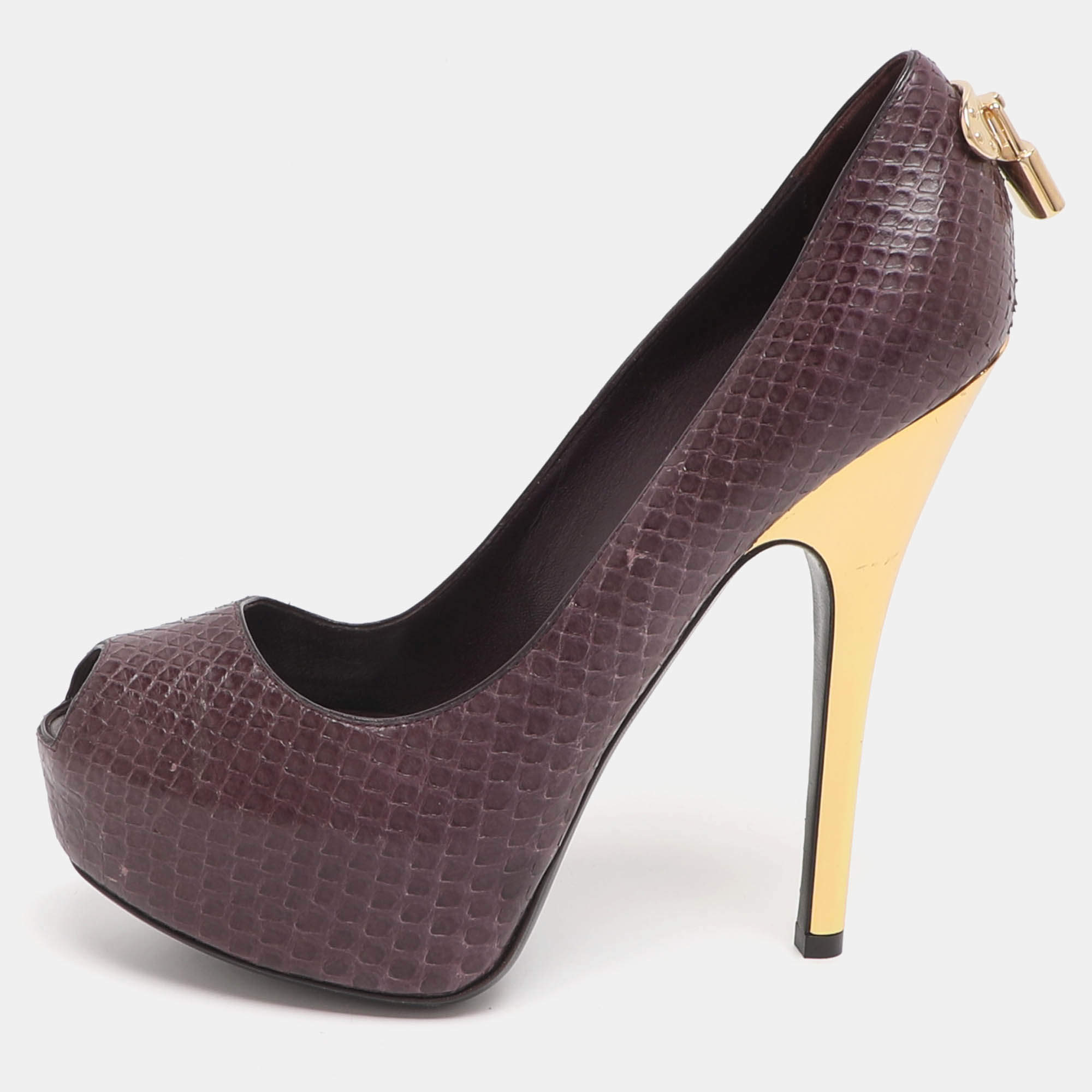 Pre Owned Louis Vuitton Oh Really! Size 37 Burgundy Python Leather Peep Toe Pumps