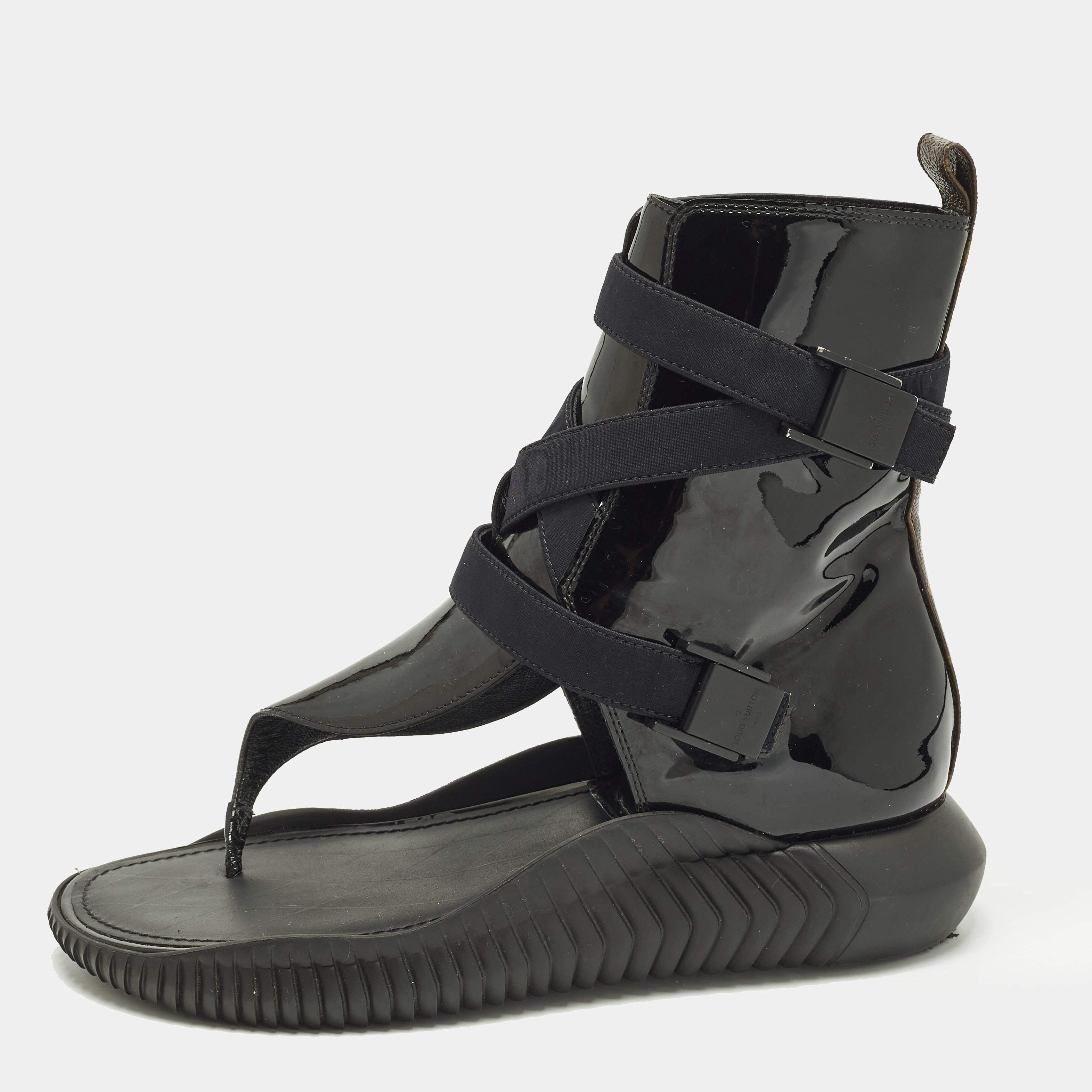 مملوكة مسبقًا صندل مسطح لويس فويتون بهايا برازيل كانفاس مونوغرام وبراءات جلدية أسود/بني مقاس 38.5