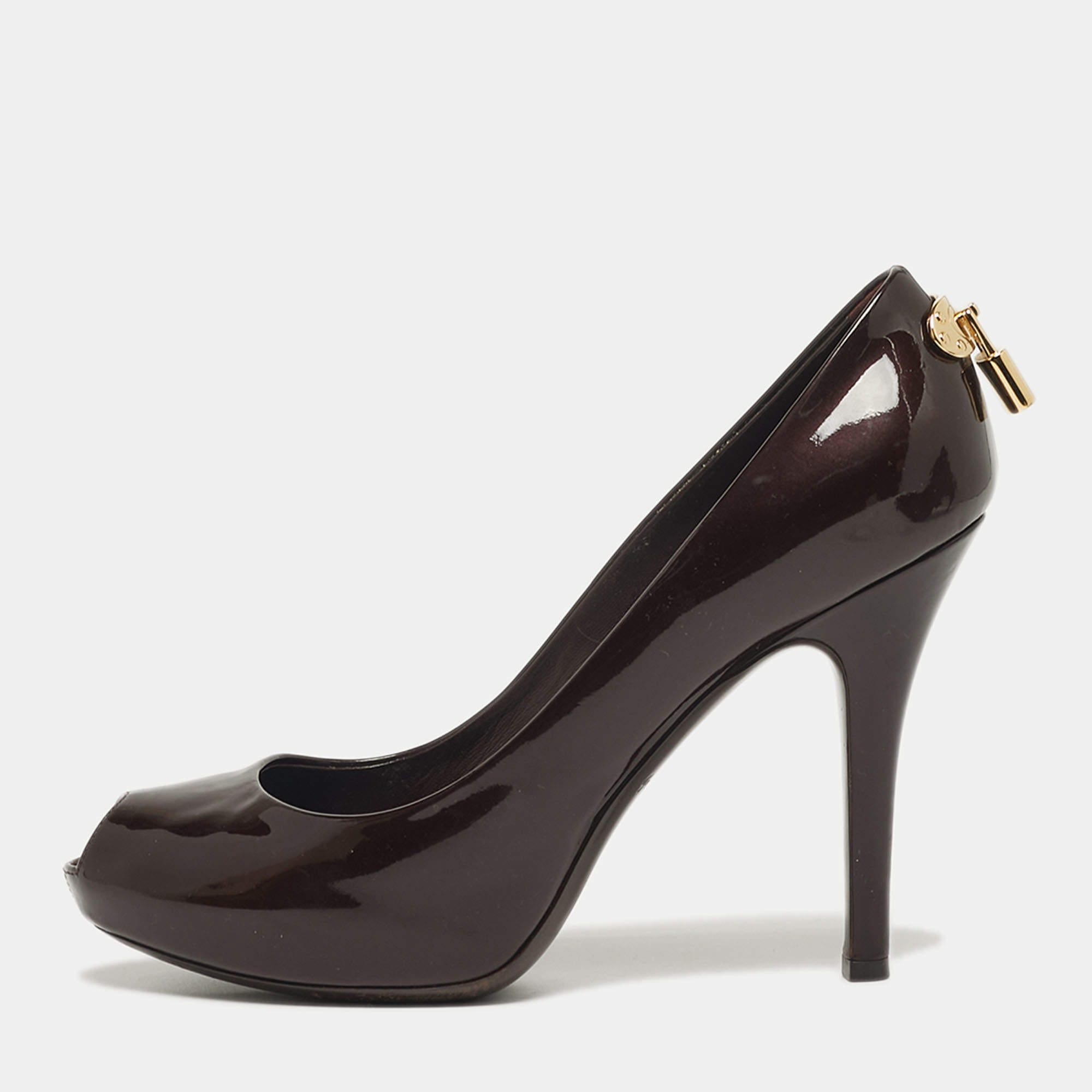 مملوكة مسبقًا حذاء كعب عالي لوي فيتون أوه ريلي! جلد أسود لامع مقدمة مفتوحة مقاس 37