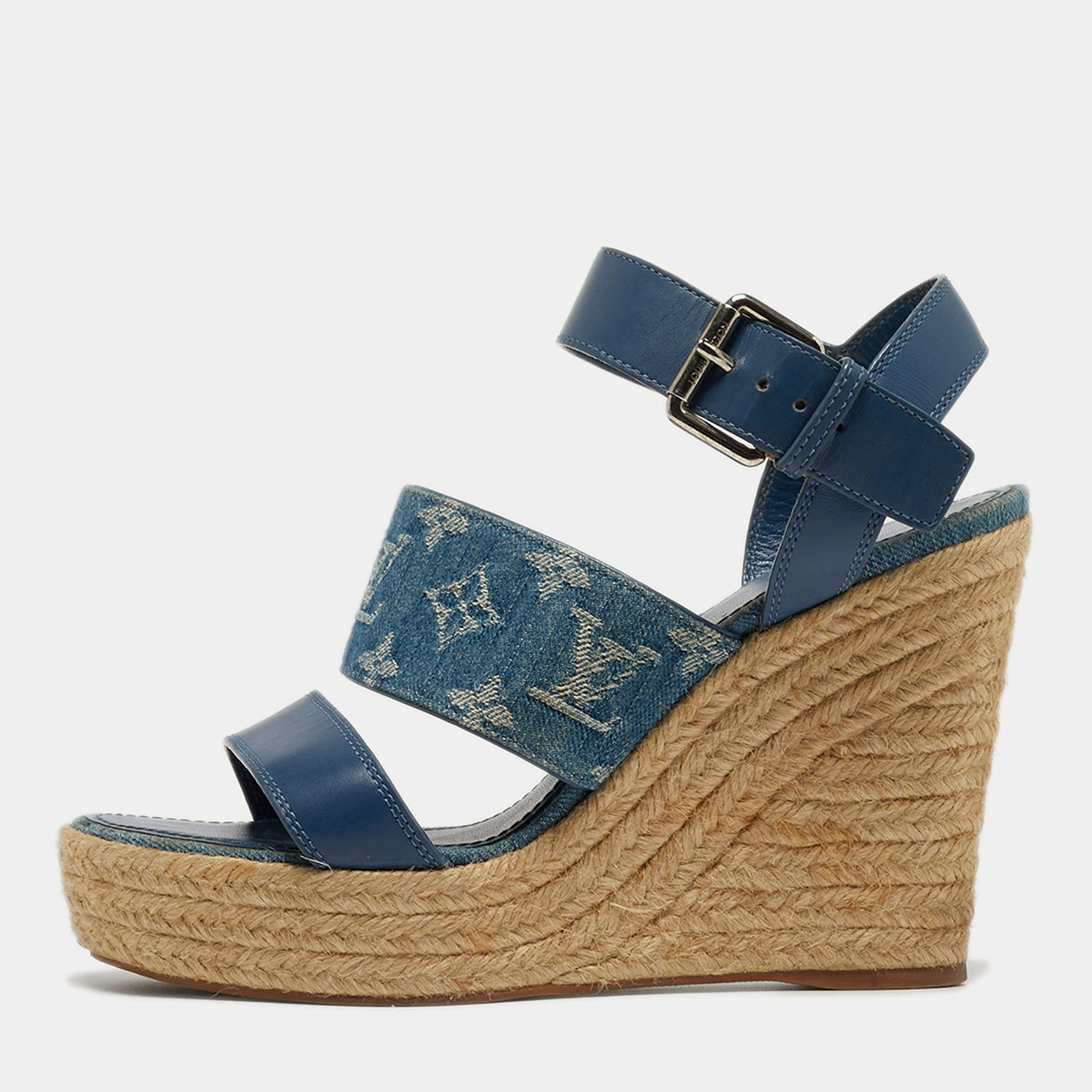 Pre Owned Louis Vuitton Starboard Size 39 Blue Denim and Leather Wedge Sandals