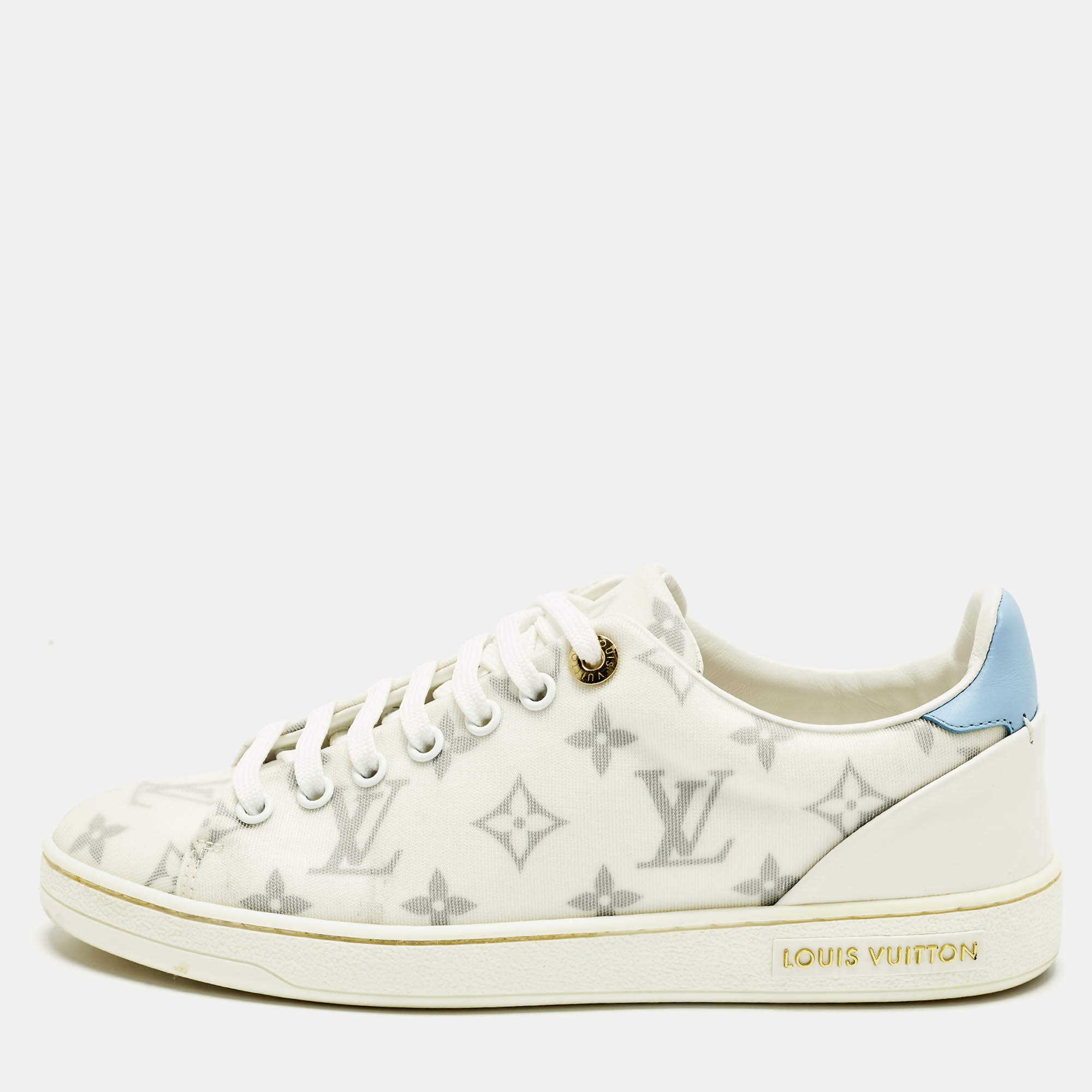 Pre Owned Louis Vuitton Frontrow Size 36.5 White/Blue Leather and Mesh Lace Up Sneakers