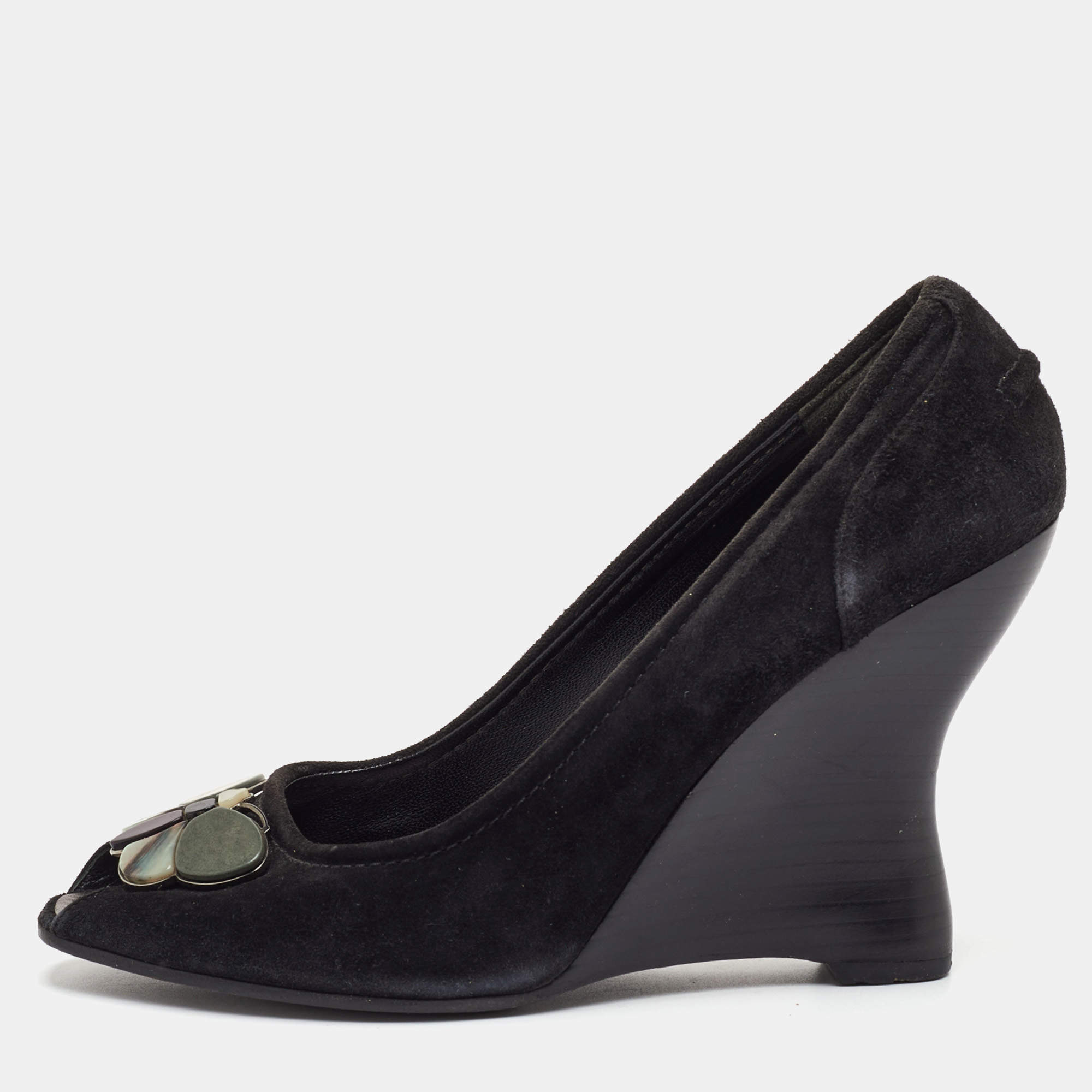 Pre Owned Louis Vuitton Size 39.5 Black Suede Butterfly Peep Toe Wedge Pumps