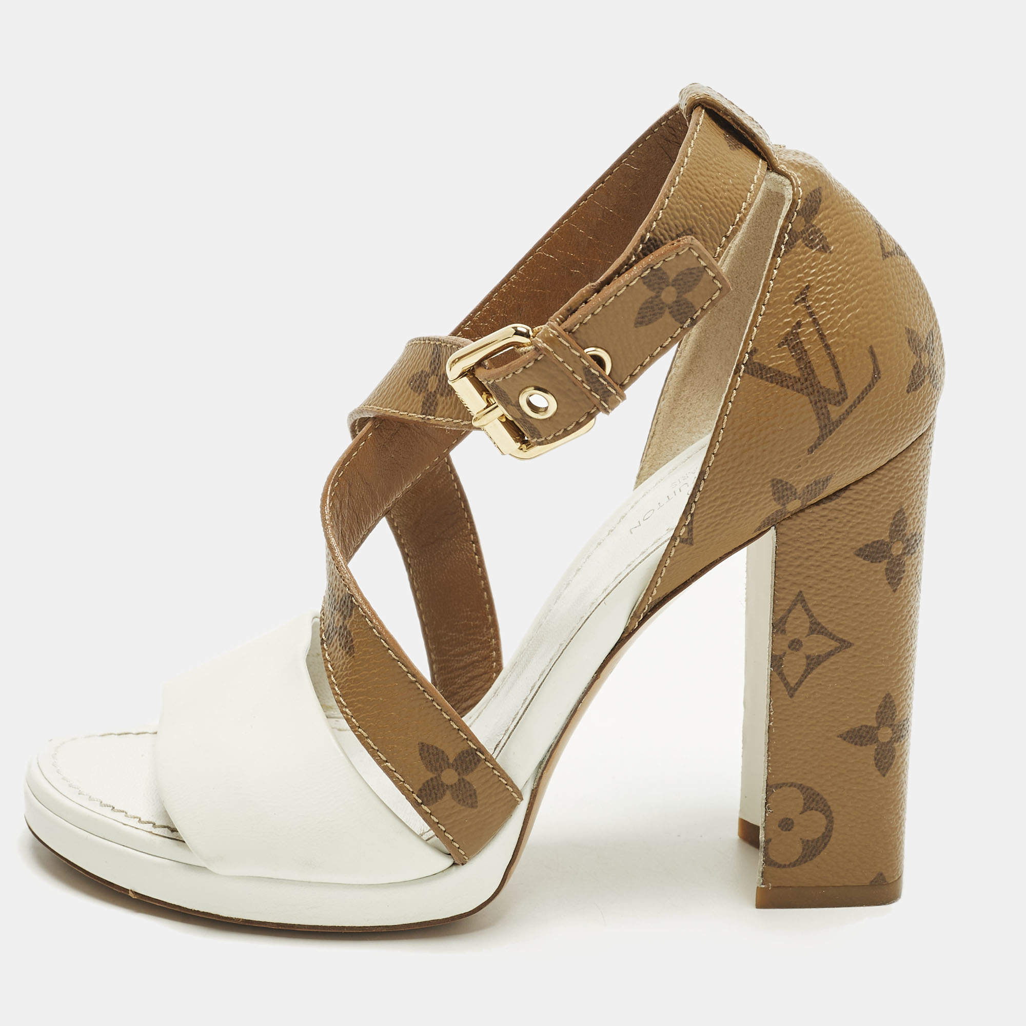 Pre Owned Louis Vuitton Matchmake Size 35 White/Brown Monogram Canvas and Leather Ankle Strap Sandals